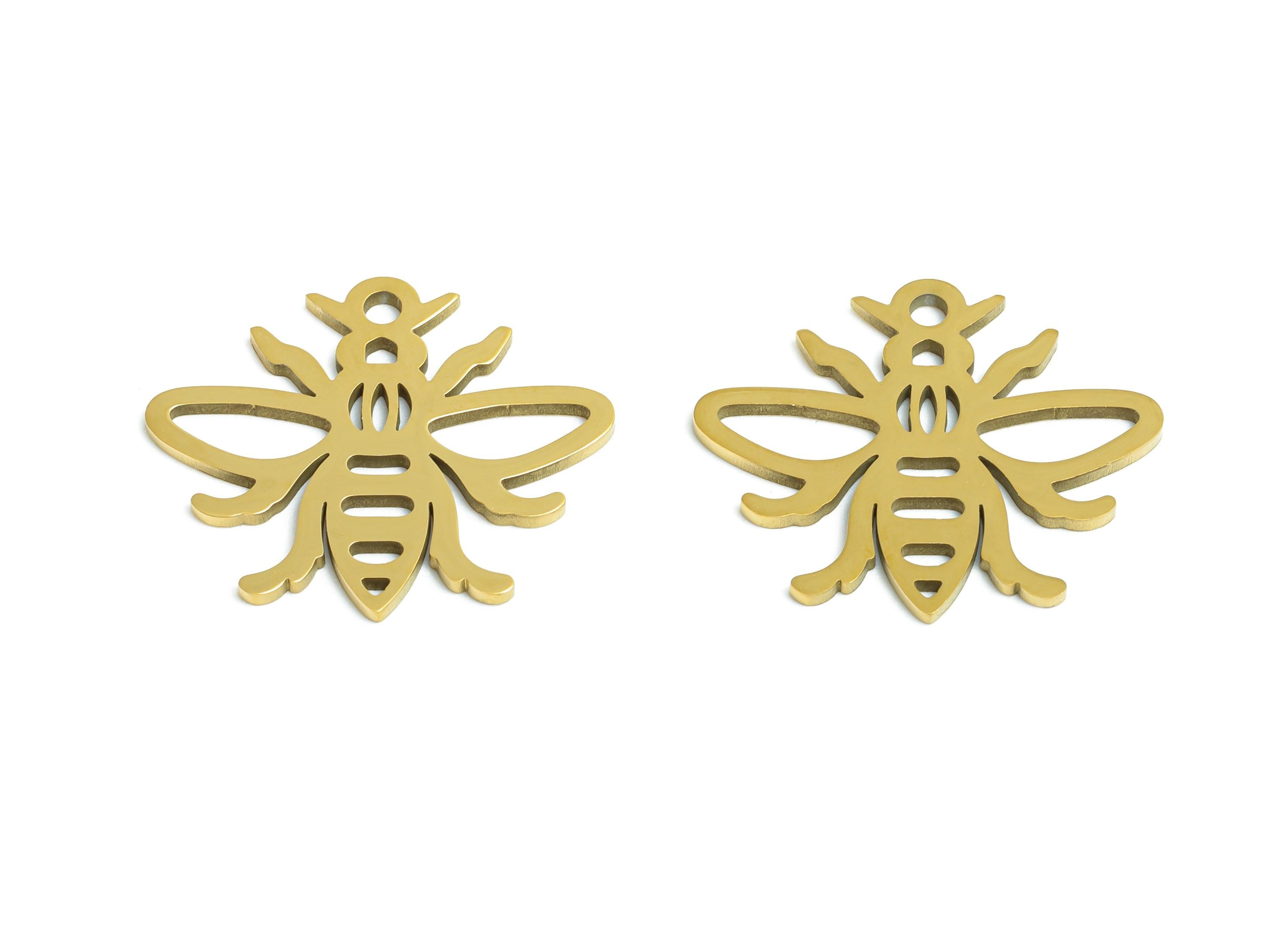 Stainless Steel Bee Charm - Minimalist Insect Pendant - DIY Craft Bumblebee Component - 18K Real Vacuum Plated - 19.8x16.75x0.98mm - SS2494G - DOMEDBAZAAR