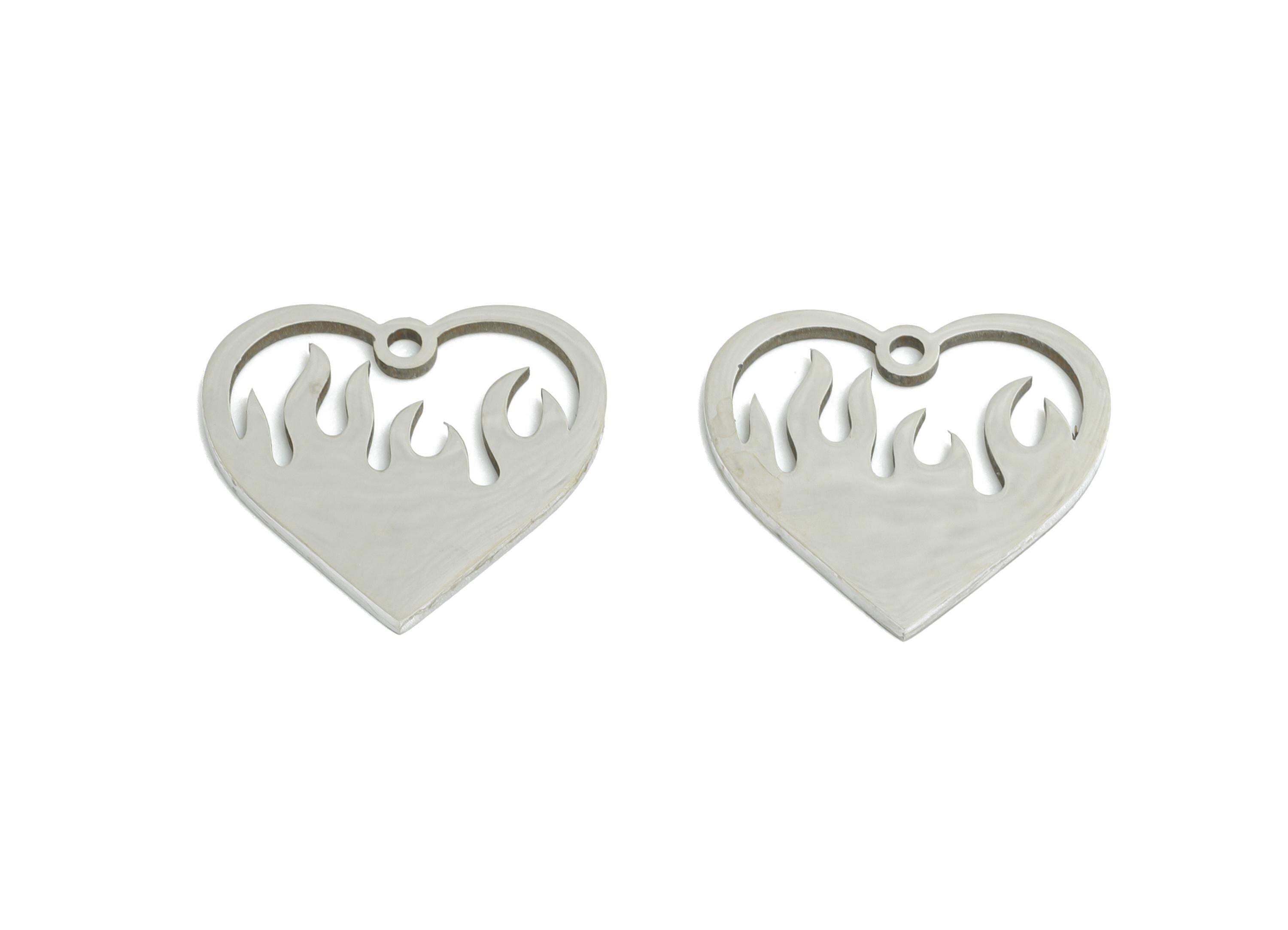 Steel Flaming Heart Charm - DIY Craft Burning Heart Charm - Fire Heart Necklace Component - Steel Jewelry Finding - 14x14x0.98mm - SS2462 - DOMEDBAZAAR