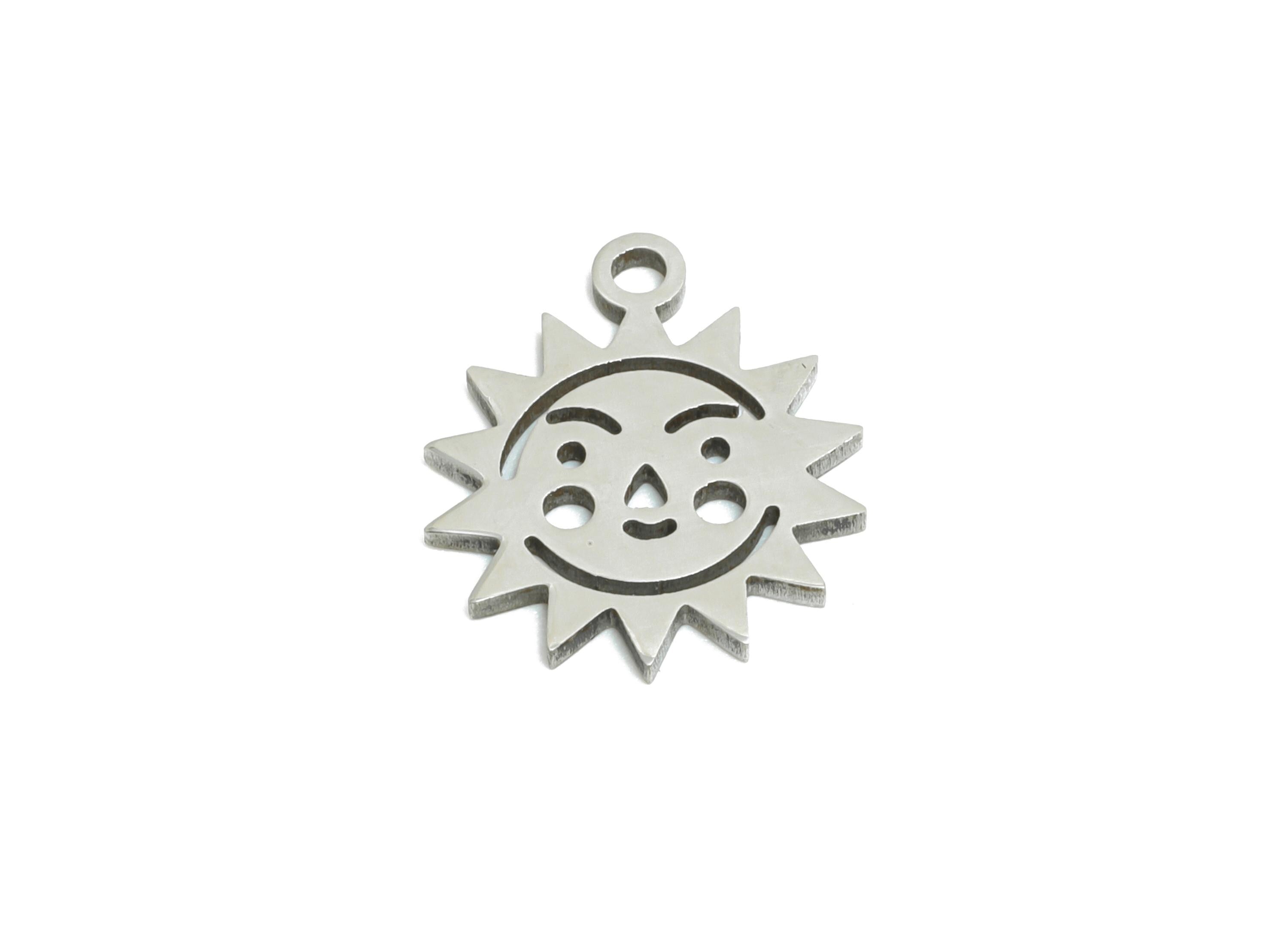 Celestial Sun Face Charm - Steel Boho Sun Pendant for Bracelet - Cute Metal Sun DIY Jewelry Making - Steel Finding - 13.77x11x0.98mm -SS2474 - DOMEDBAZAAR