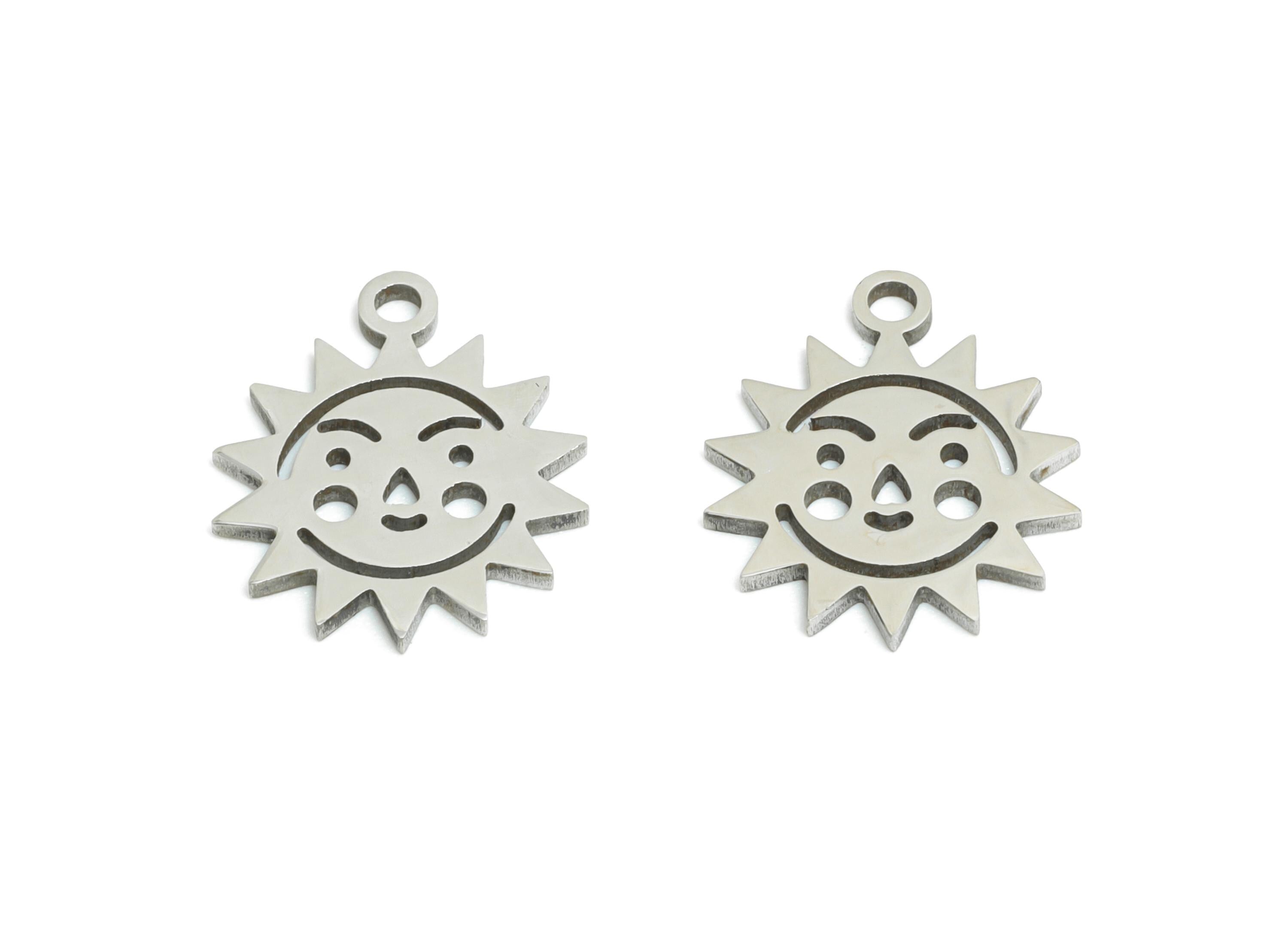 Celestial Sun Face Charm - Steel Boho Sun Pendant for Bracelet - Cute Metal Sun DIY Jewelry Making - Steel Finding - 13.77x11x0.98mm -SS2474 - DOMEDBAZAAR