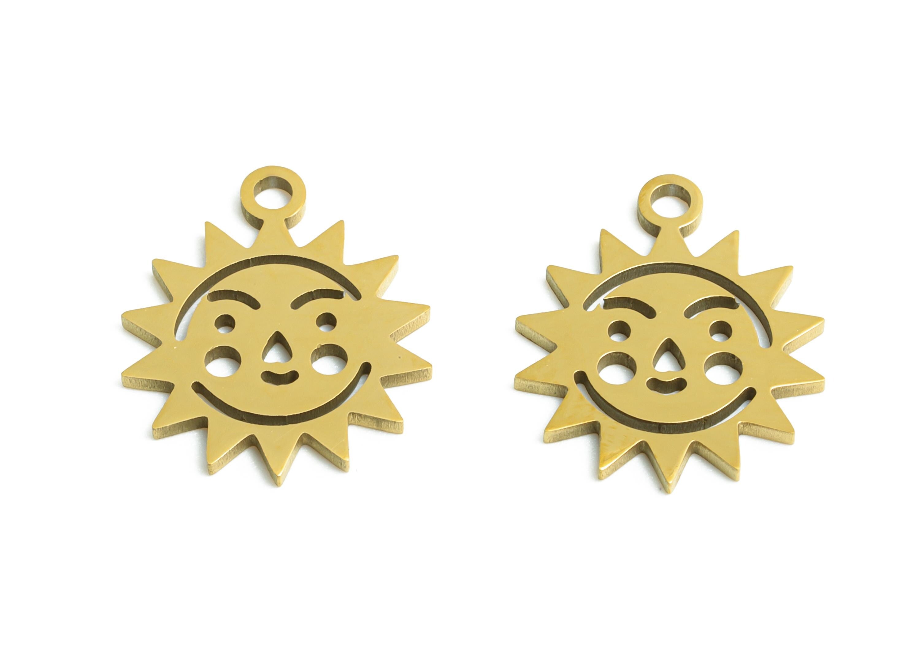 Celestial Sun Face Charm - Steel Boho Sun Pendant for Bracelet - Cute Metal Sun DIY Making - 18K Vacuum Plated - 13.77x11x0.98mm - SS2474G - DOMEDBAZAAR
