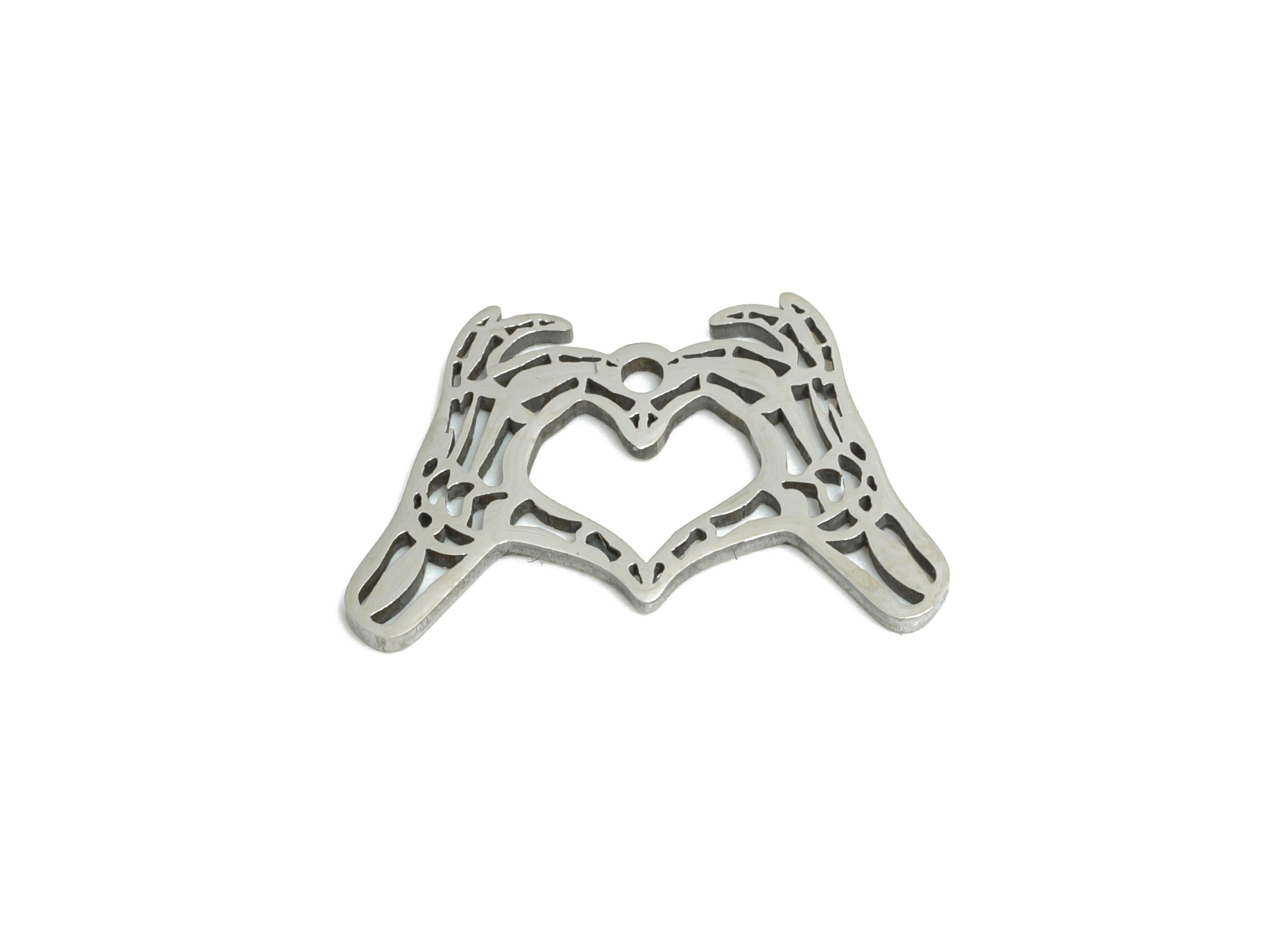 Skeleton Hand Heart Pendant - Stainless Steel Heart Charm - Spooky Handcrafted Charm - Hand Heart Pendant - 17x11x0.98mm - SS2434 - DOMEDBAZAAR
