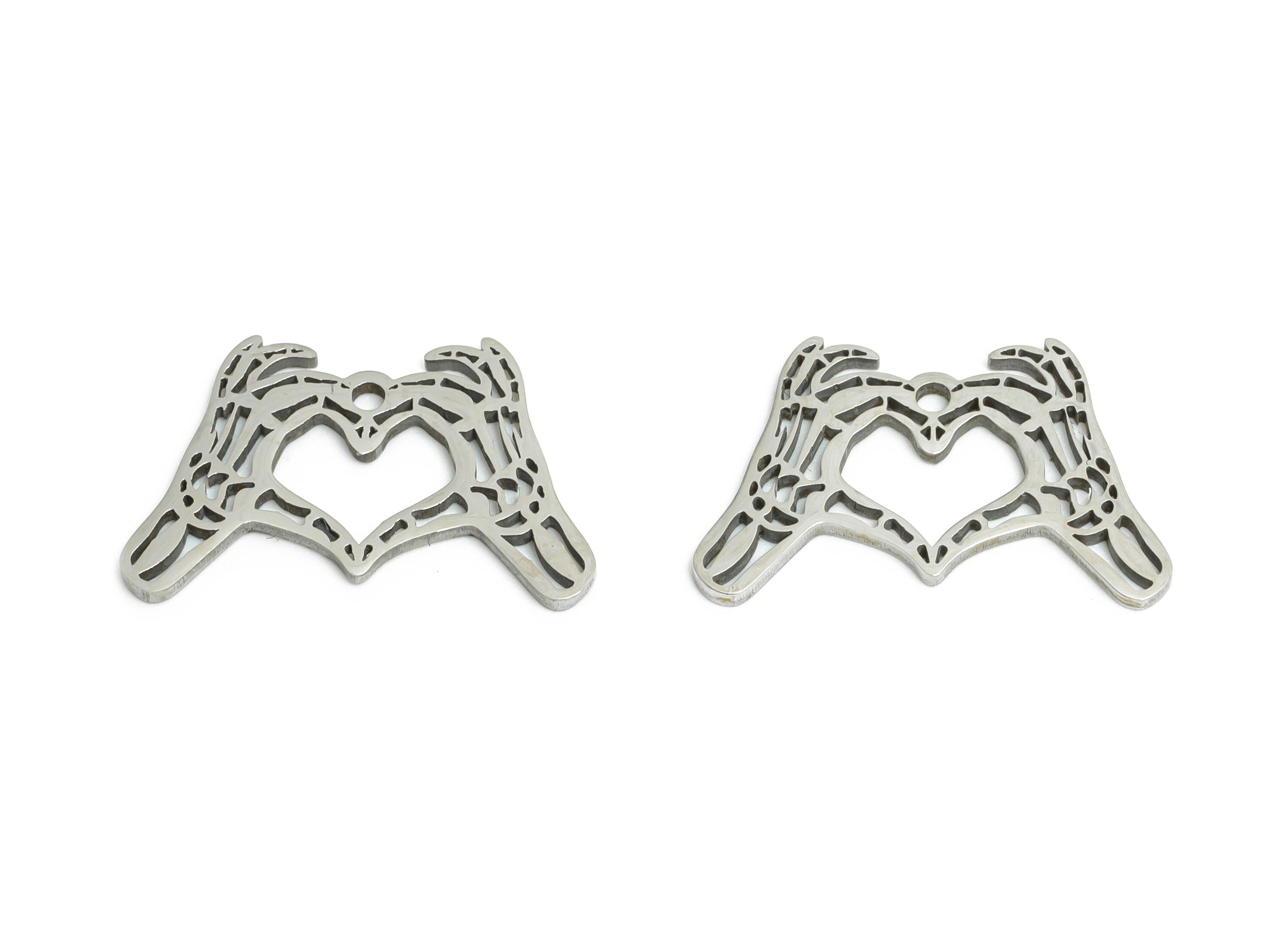 Skeleton Hand Heart Pendant - Stainless Steel Heart Charm - Spooky Handcrafted Charm - Hand Heart Pendant - 17x11x0.98mm - SS2434 - DOMEDBAZAAR