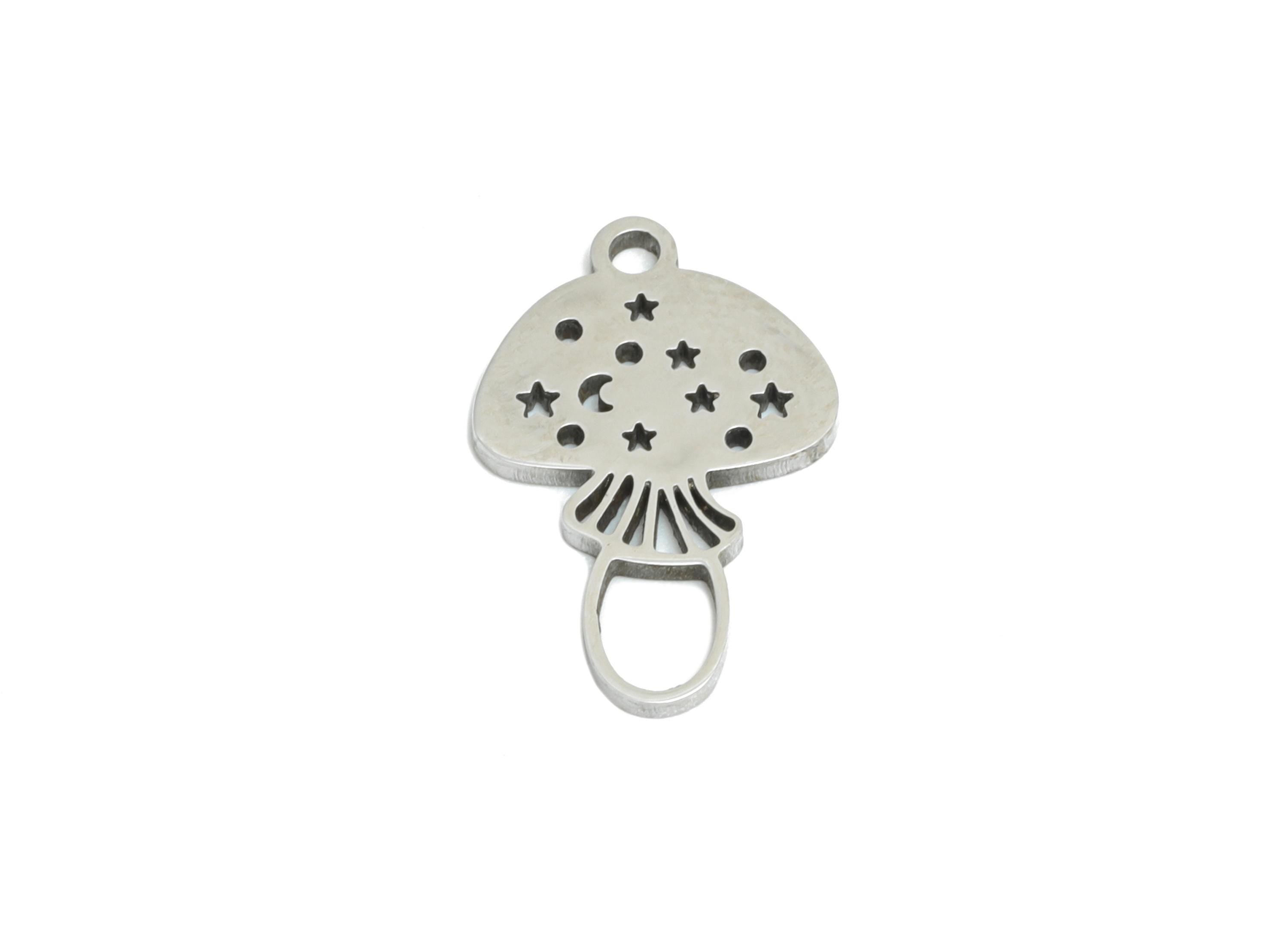 Steel Mushroom Charm - Whimsical Celestial Moon Star Fungi Charm - Boho Mushroom Bracelet Pendant - Steel Jewelry - 14.86x9x0.98mm - SS2493 - DOMEDBAZAAR