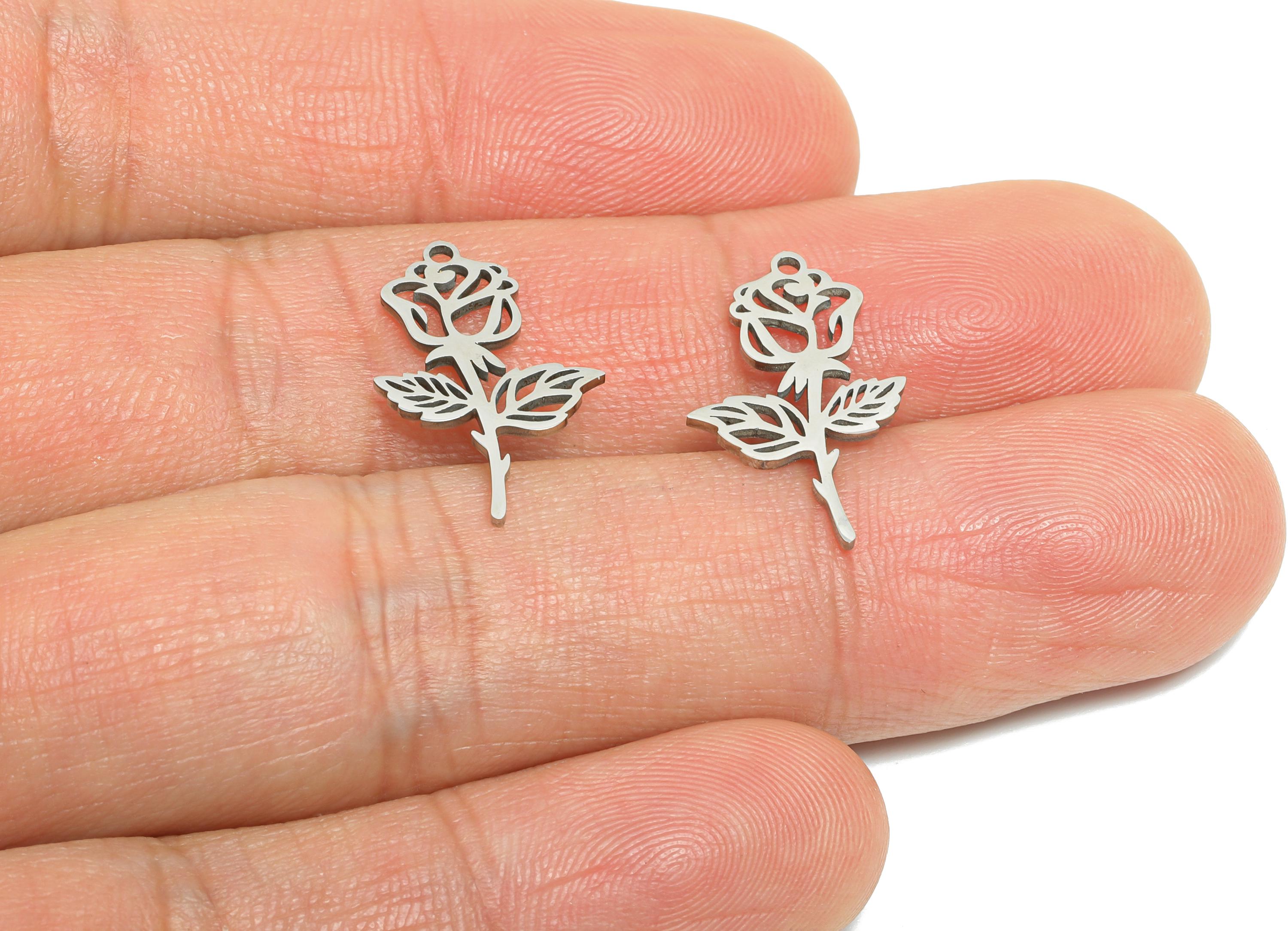 Stainless Steel Rose Charm - Stainless Steel Floral Charm - Dainty Flower Hollow Charm - Stainless Steel Pendant - 19x10x0.98mm - SS2510 - DOMEDBAZAAR