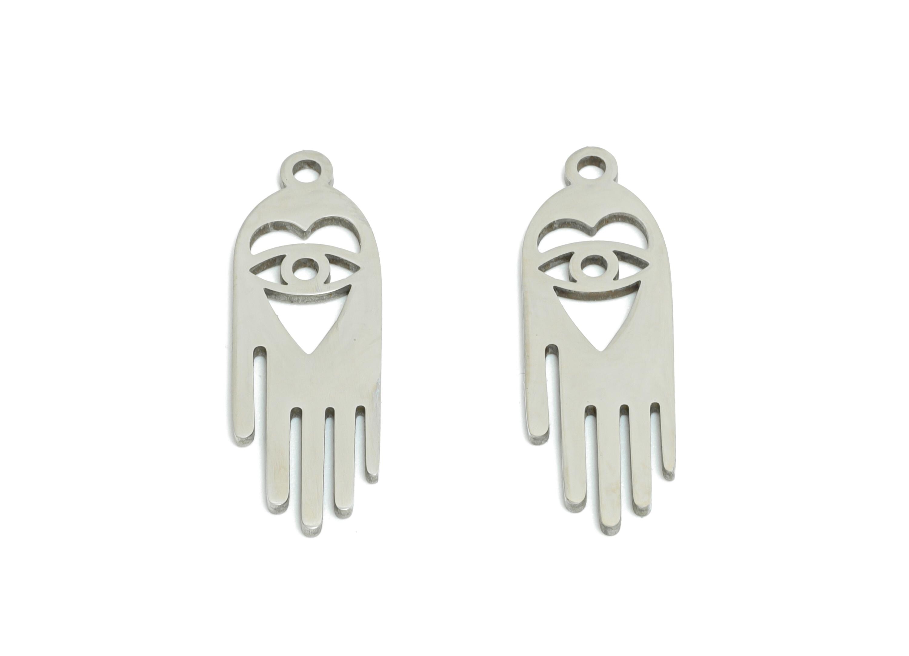 Steel Hamsa Hand Pendant - Vintage Evil Eye Protection Charm for DIY Jewelry - Sacred Protective Symbol Jewelry - 23.86x7.84x0.98mm - SS2495 - DOMEDBAZAAR