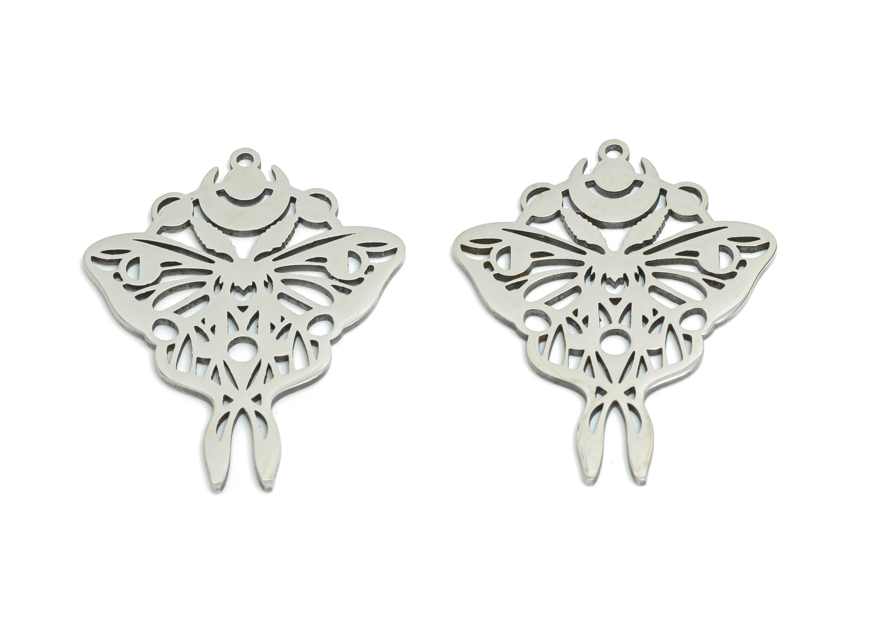 Moth and Moon Pendant - Celestial Moth Necklace Charm - Gothic Lunar Moth Pendant - Laser-Cut Stainless Steel Jewelry - 29x23x0.98mm-SS2476 - DOMEDBAZAAR