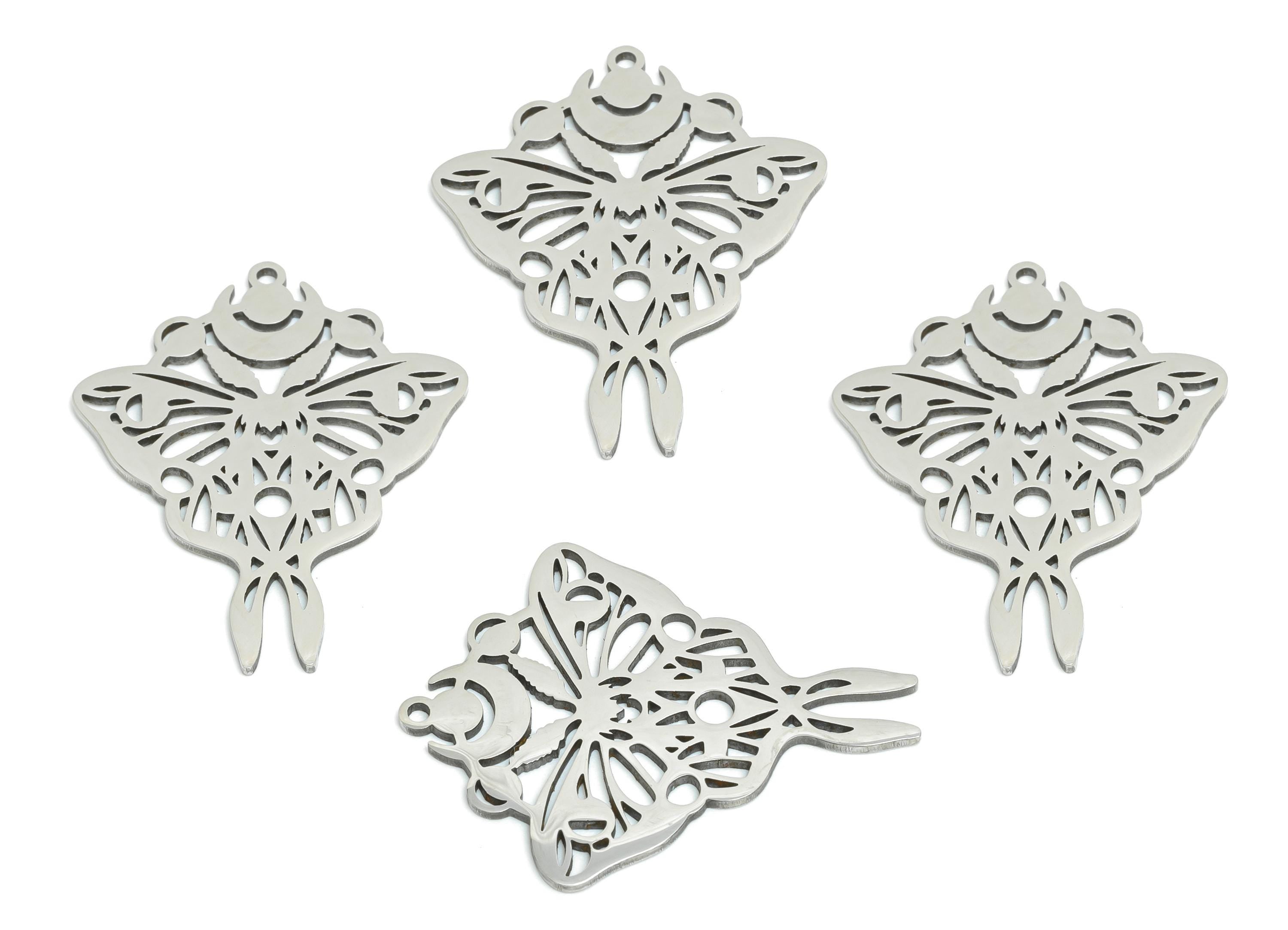 Moth and Moon Pendant - Celestial Moth Necklace Charm - Gothic Lunar Moth Pendant - Laser-Cut Stainless Steel Jewelry - 29x23x0.98mm-SS2476 - DOMEDBAZAAR