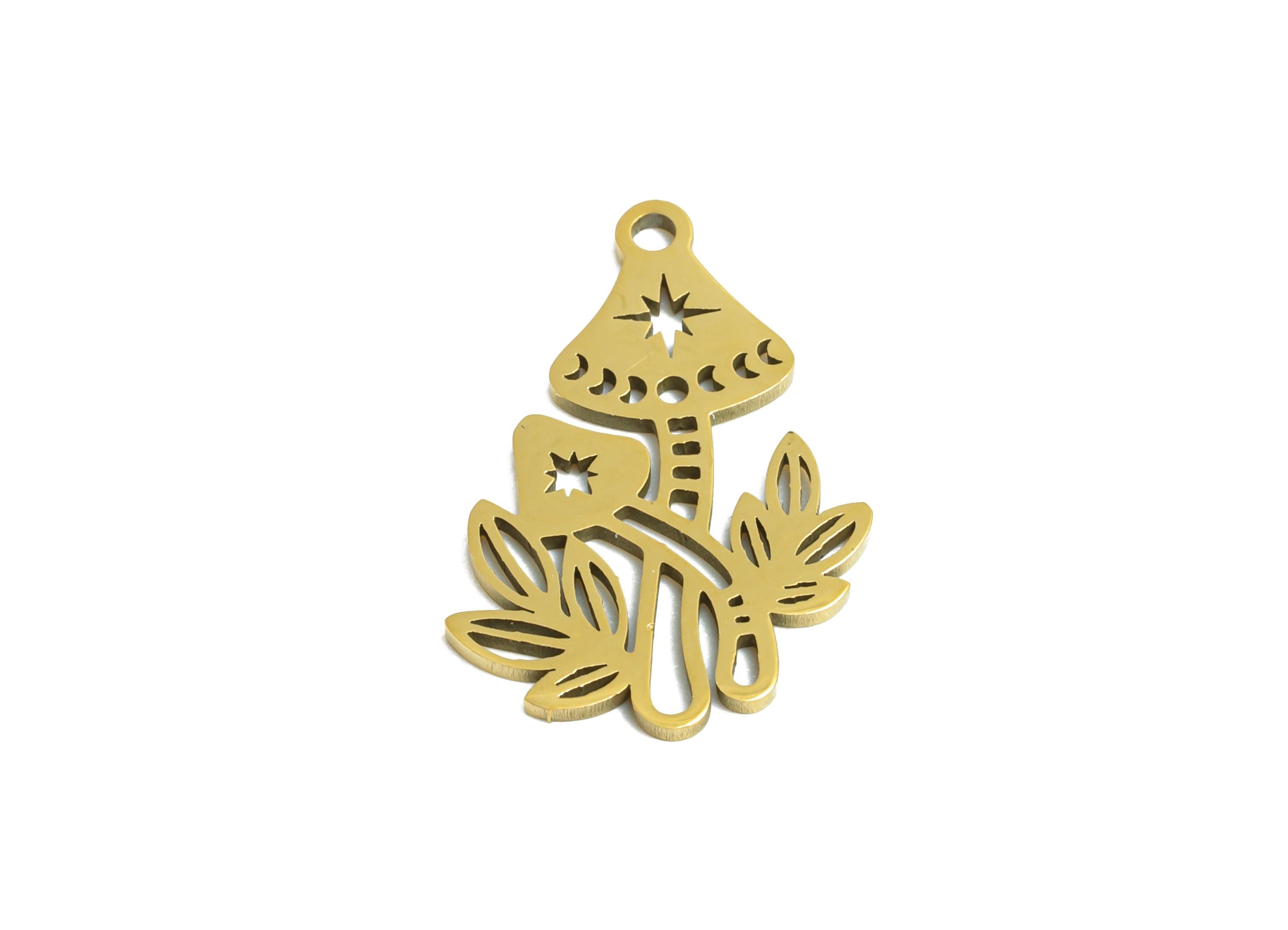 Steel Mushroom Charm - Whimsical Celestial Moon Phase Charm - Enchanted Double Fungi Charm - 18K Vacuum Plated - 17.8x11x0.98mm - SS2479G - DOMEDBAZAAR