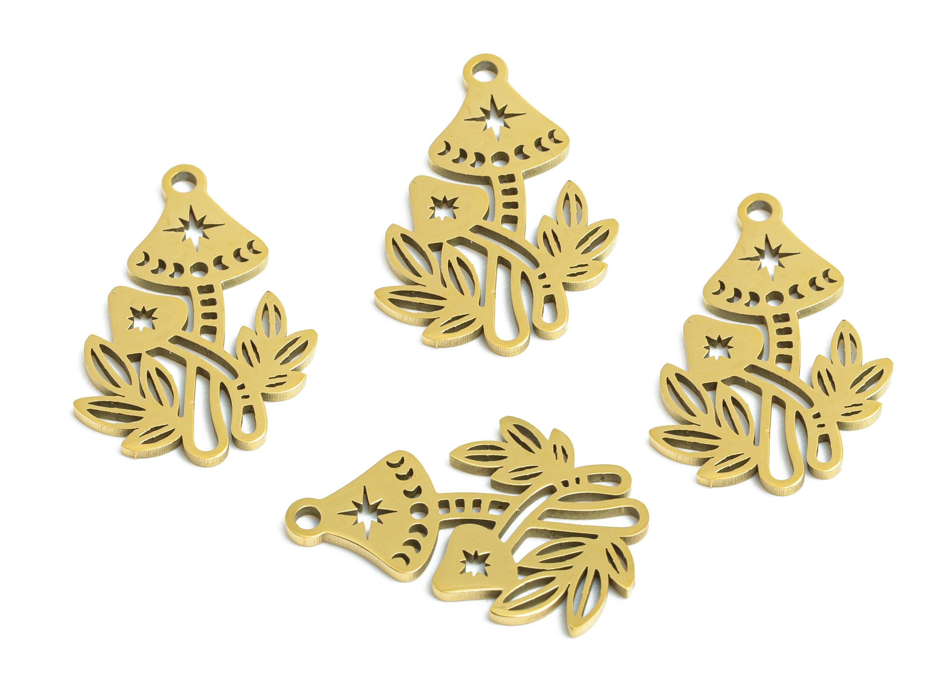 Steel Mushroom Charm - Whimsical Celestial Moon Phase Charm - Enchanted Double Fungi Charm - 18K Vacuum Plated - 17.8x11x0.98mm - SS2479G - DOMEDBAZAAR