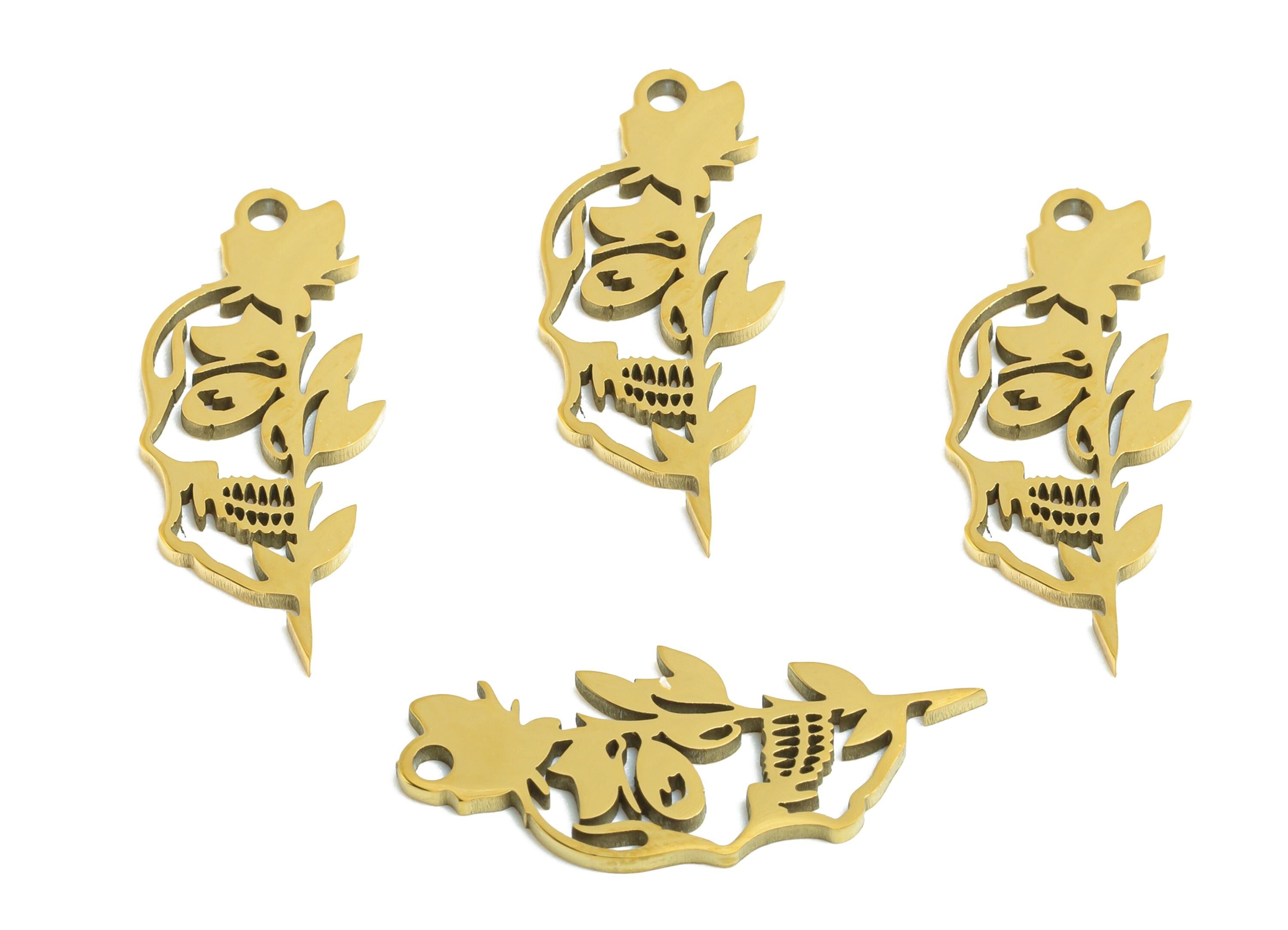 Steel Rose Charm - Dainty Hollow Flower Charm - Modern Botanical Floral Jewelry - Nature Jewelry - 18K Vacuum Plated - 19.6x8x0.98mm-SS2481G - DOMEDBAZAAR