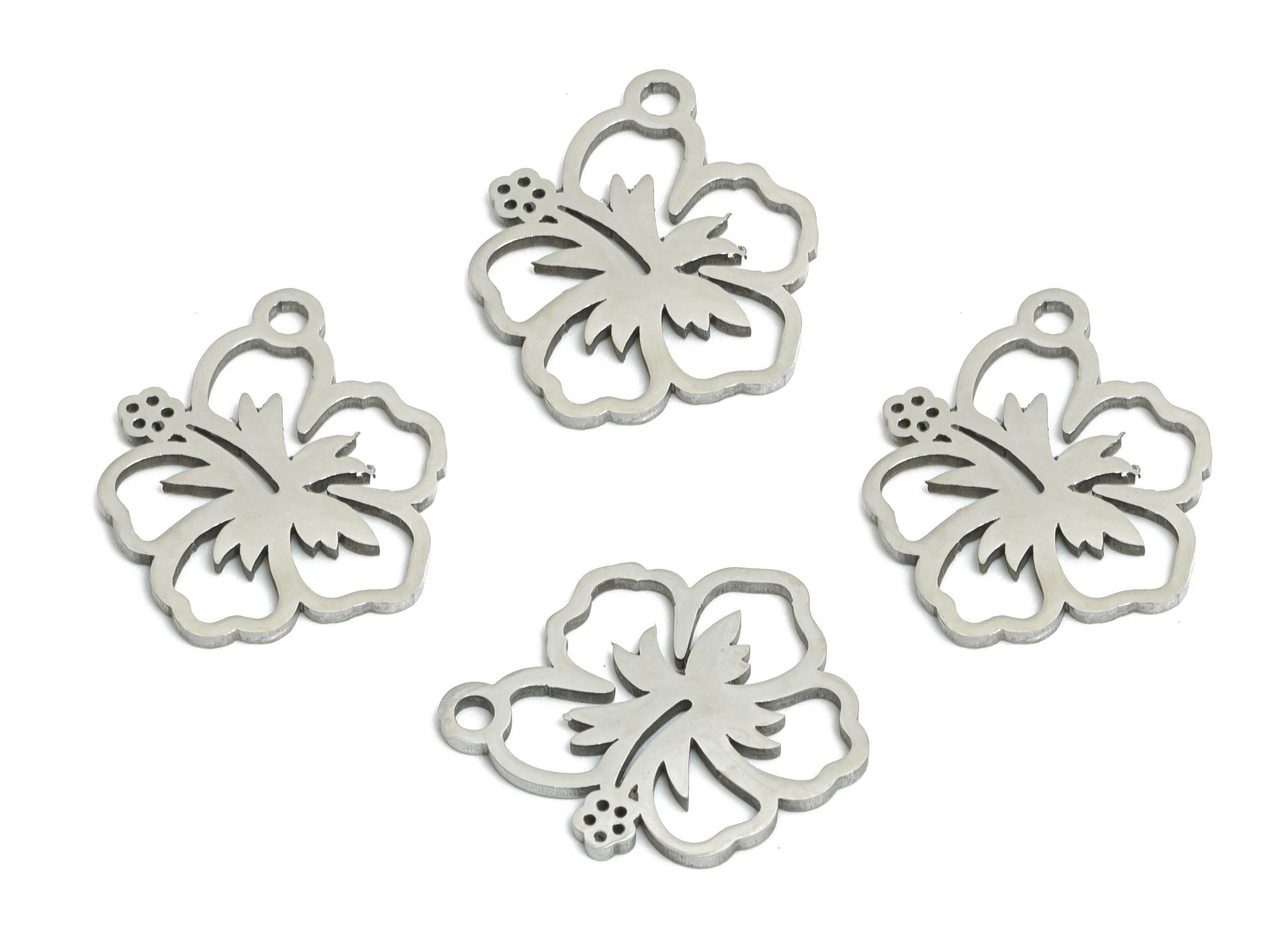 Steel Hibiscus Flower Charm - Dainty Hollow Floral Charm - Tropical Flower Pendant - Nature-Inspired Pendant - 14.66x12.68x0.98mm- SS2511 - DOMEDBAZAAR