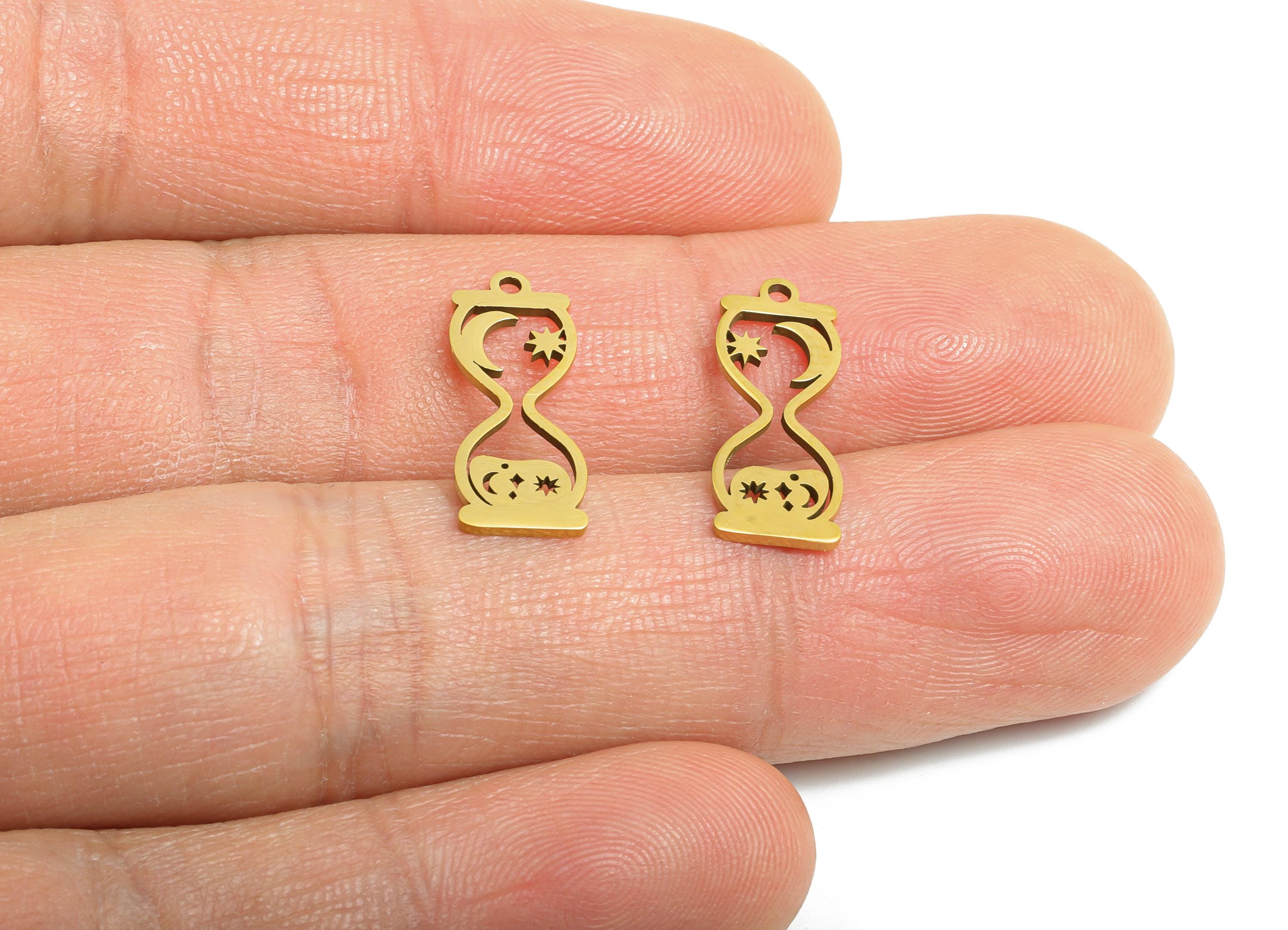 Steel Hourglass Pendant - Celestial Star Moon Hourglass Charm - Symbolic Time Hourglass Design - 18K Vacuum Plated - 17.8x7x0.98mm - SS2492G - DOMEDBAZAAR