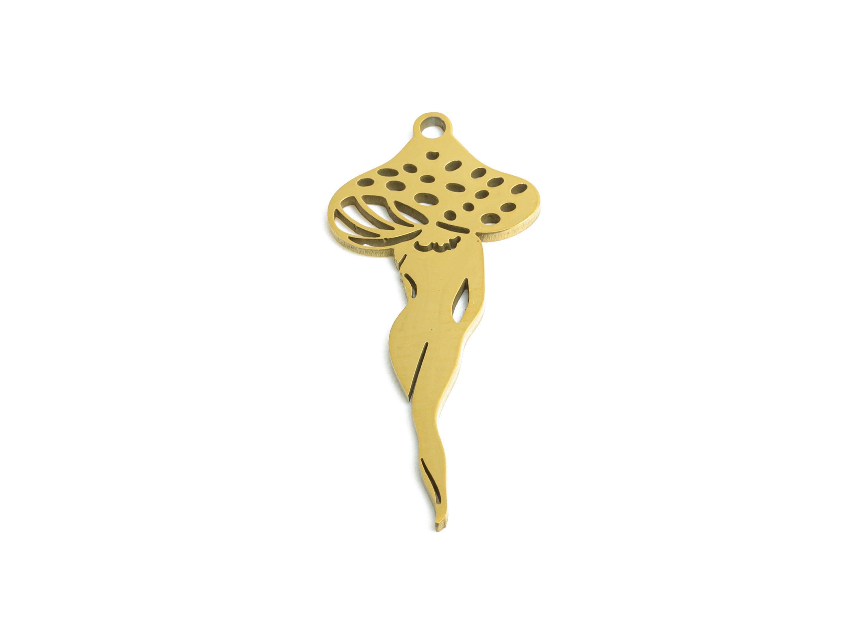 Mushroom Fairy Pendant - Whimsical Steel Fungi Spirit Charm - Enchanted Fungi Woman Charm - 18K Real Vacuum Plated - 24.8x11x0.98mm -SS2483G - DOMEDBAZAAR