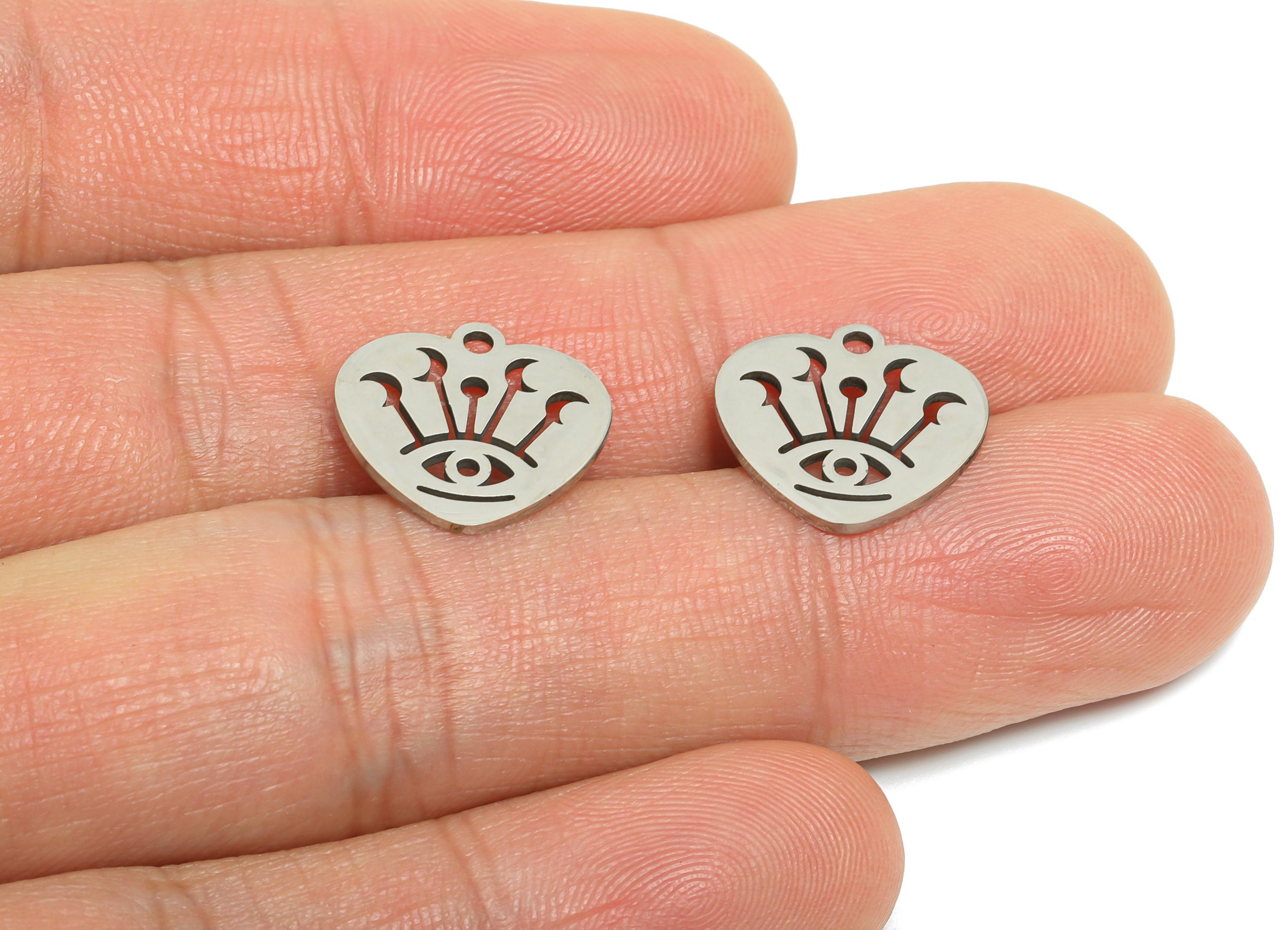 Steel Heart Eye Pendant - Celestial Moon Evil Eye Protection Charm for DIY - Mystic Protective Symbol Jewelry - 14.56x13.8x0.98mm - SS2497 - DOMEDBAZAAR