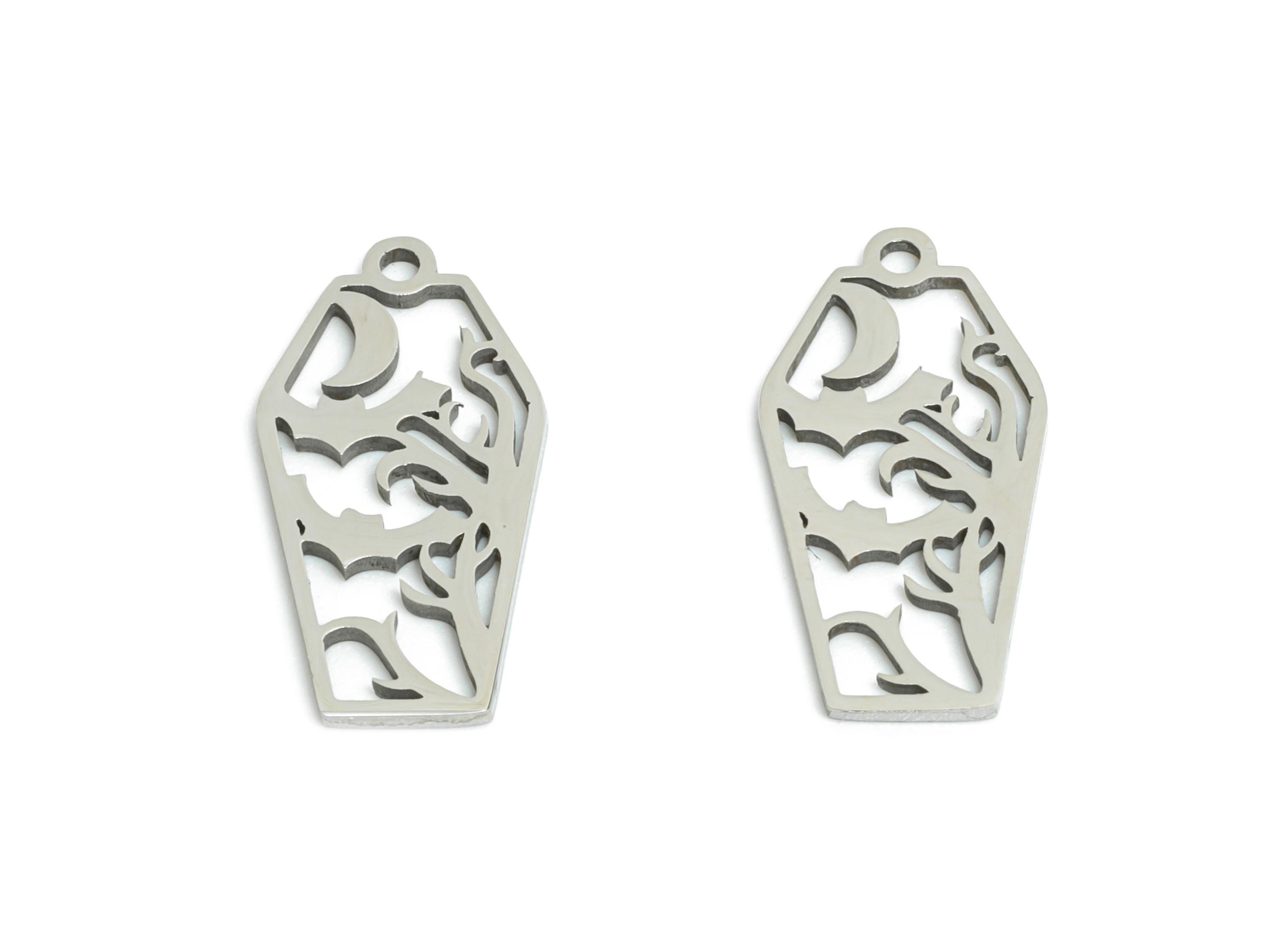 Steel Coffin Pendant - Halloween Spooky Charm Jewelry - Witchy Crescent Bat Pendant - Laser Cut Mystic Bat Charm - 17.8x8.9x0.98mm - SS2512 - DOMEDBAZAAR