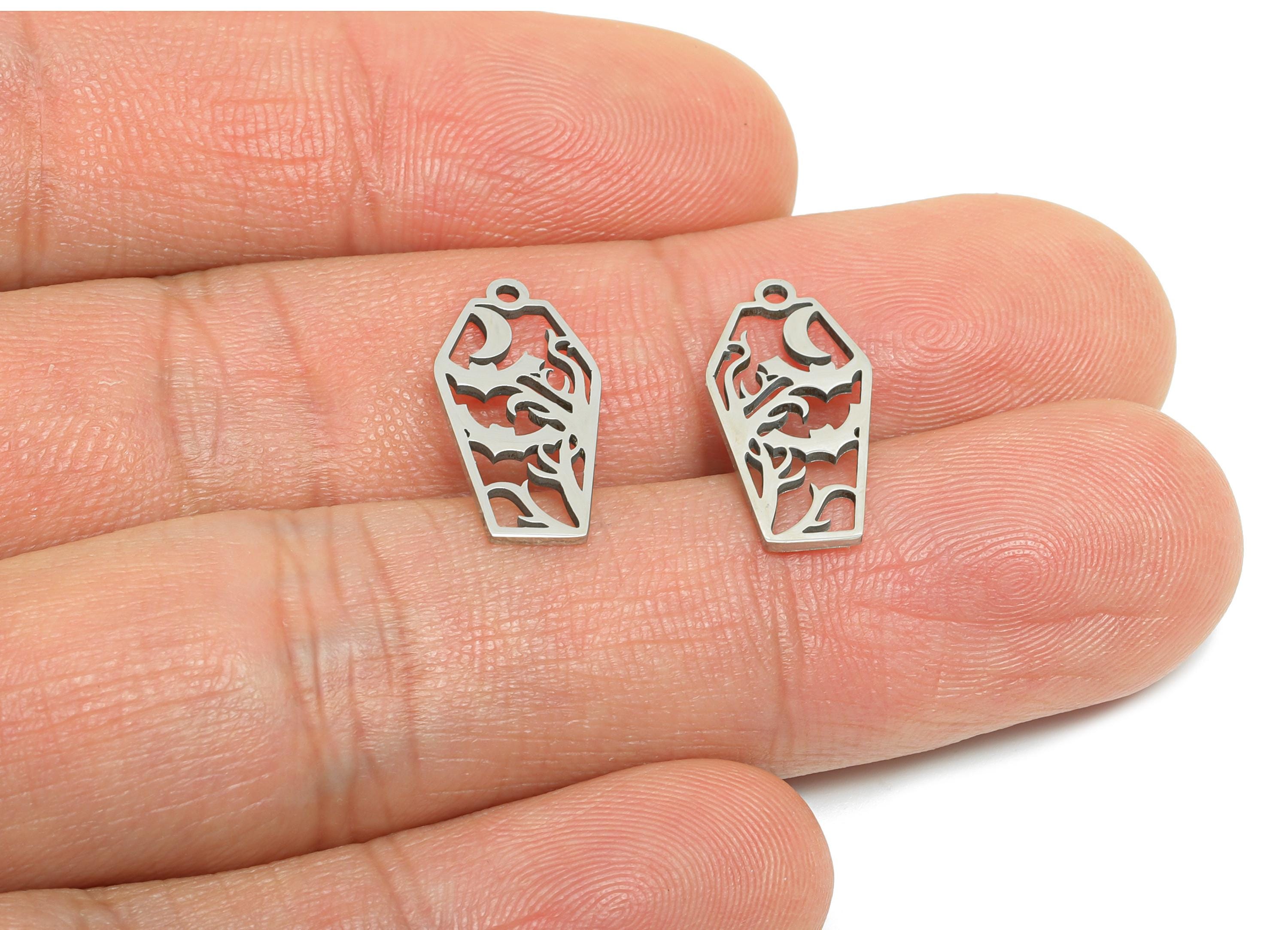 Steel Coffin Pendant - Halloween Spooky Charm Jewelry - Witchy Crescent Bat Pendant - Laser Cut Mystic Bat Charm - 17.8x8.9x0.98mm - SS2512 - DOMEDBAZAAR