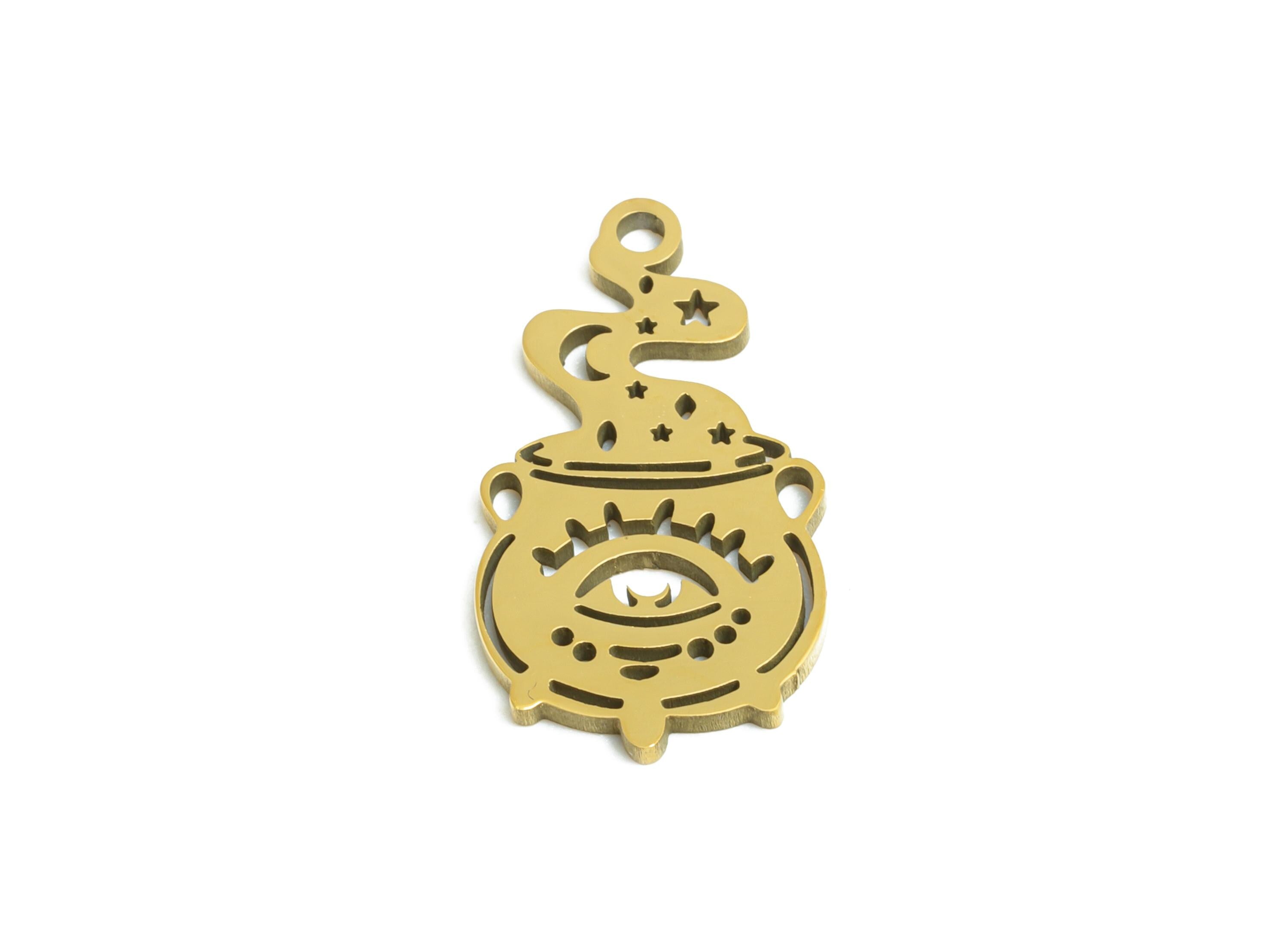 Steel Eye Crescent Earring Charm - Occult Boho Pendant - Laser Cut Mystical Cauldron Pendant - 18K Vacuum Plating - 17x9x0.9mm - SS2498G - DOMEDBAZAAR