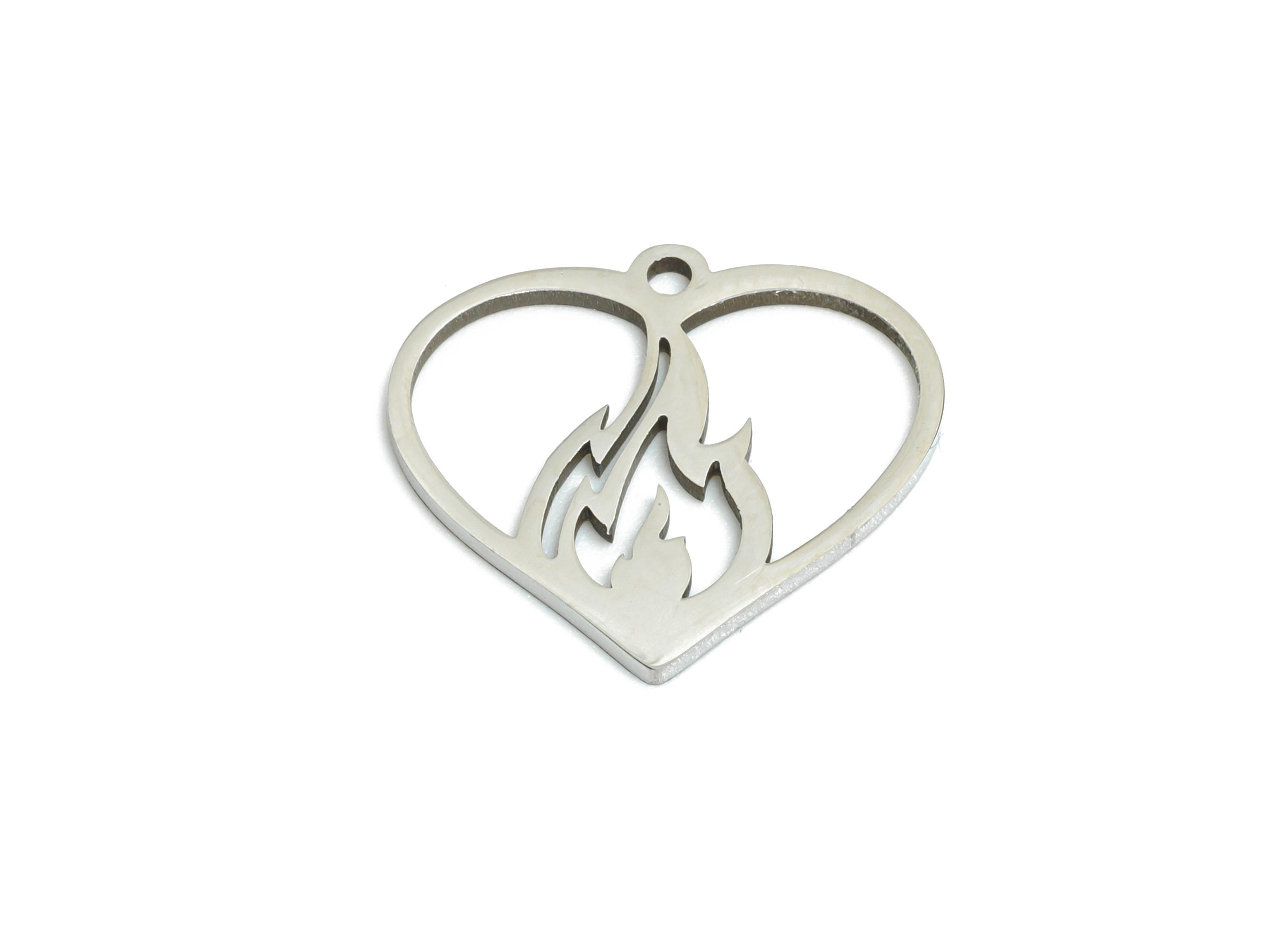 Steel Flaming Heart Charm - DIY Craft Burning Heart Charm - Fire Heart Necklace Component - Steel Jewelry Finding - 15.7x14x0.98mm - SS2450 - DOMEDBAZAAR