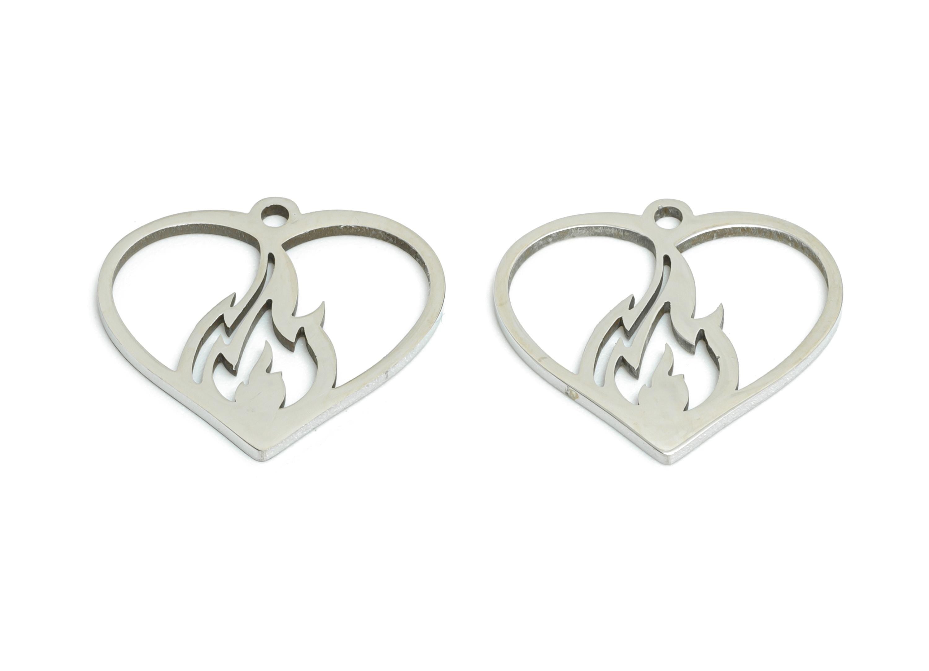 Steel Flaming Heart Charm - DIY Craft Burning Heart Charm - Fire Heart Necklace Component - Steel Jewelry Finding - 15.7x14x0.98mm - SS2450 - DOMEDBAZAAR