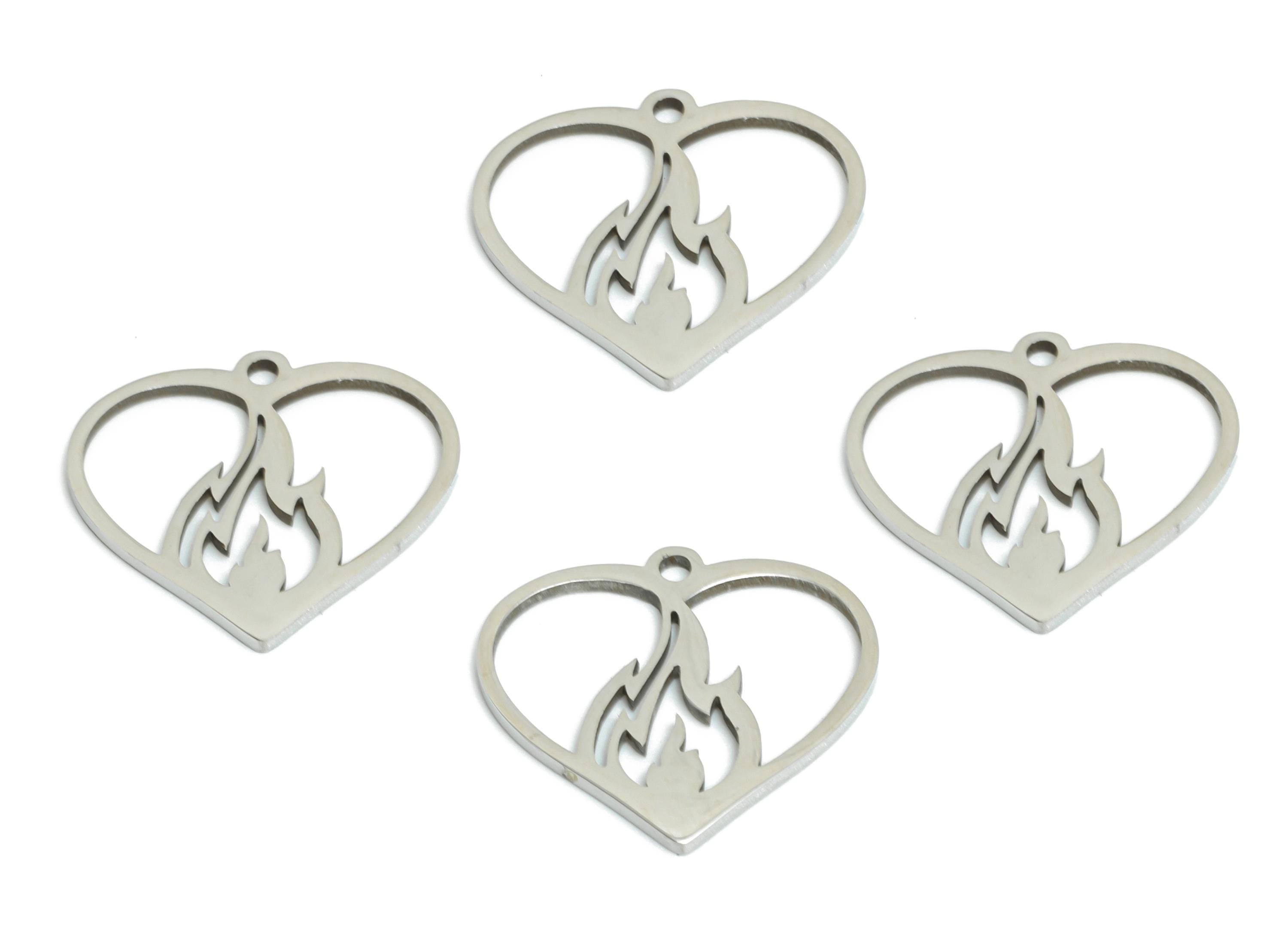 Steel Flaming Heart Charm - DIY Craft Burning Heart Charm - Fire Heart Necklace Component - Steel Jewelry Finding - 15.7x14x0.98mm - SS2450 - DOMEDBAZAAR