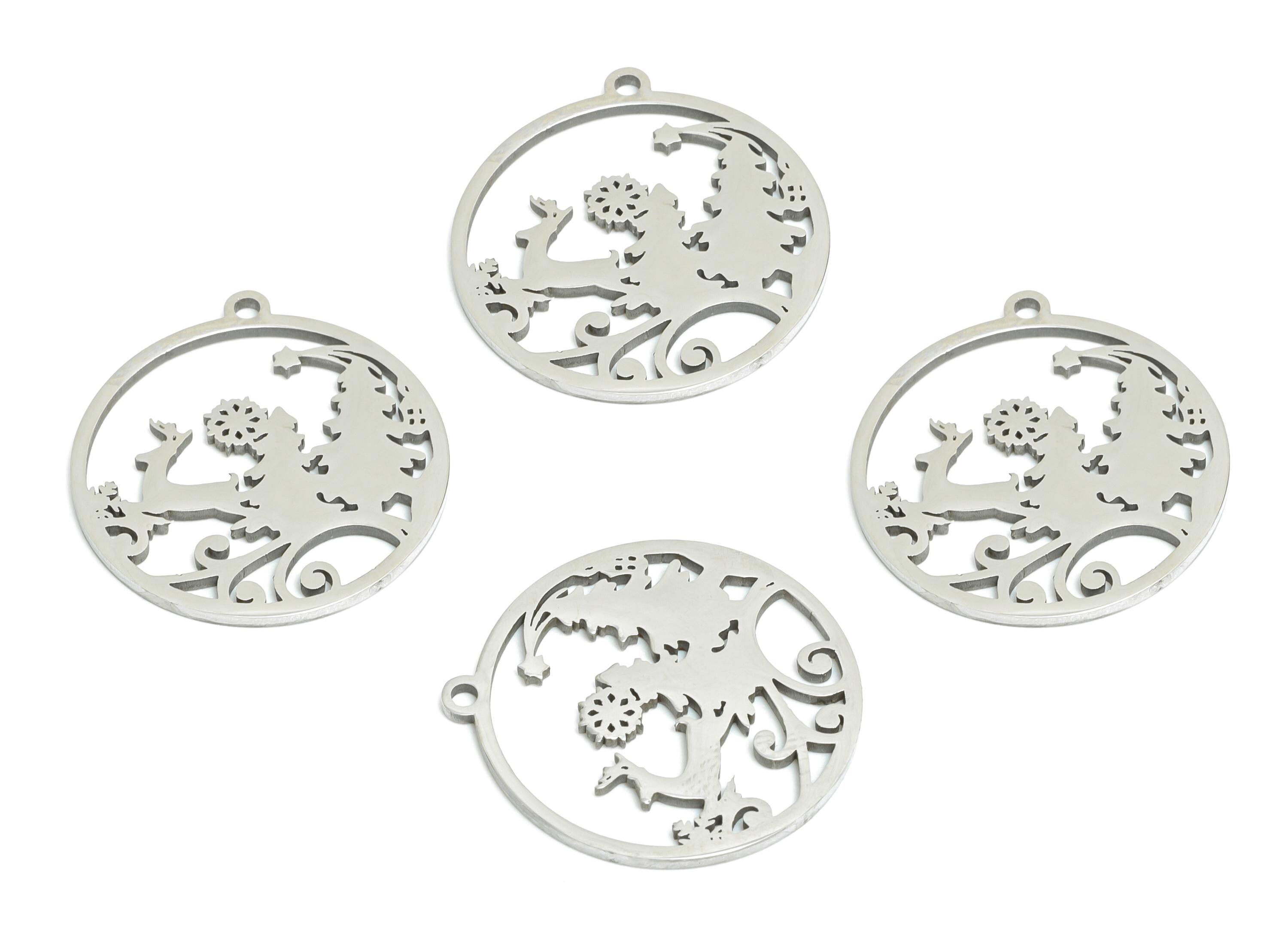 Steel Deer Pendant - Forest Animal Charm - Christmas Scene Reindeer Snowflake Pendant - Holiday Necklace Jewelry - 19.8x18x0.98mm - SS2460 - DOMEDBAZAAR