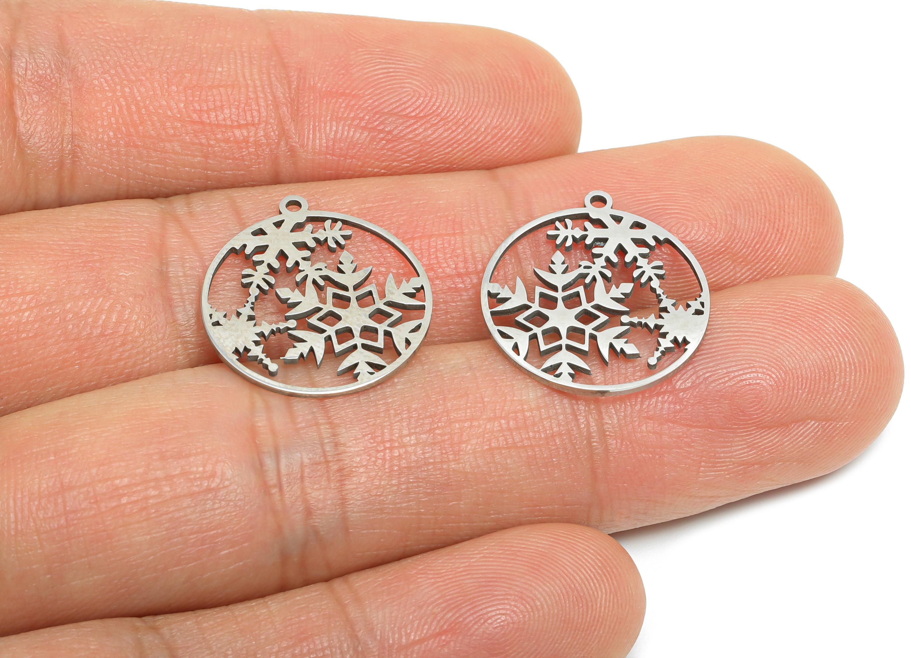 Steel Round Snowflake Charm - DIY Craft Snowflake Component - Winter Holiday Jewelry Charm - Laser Cut Steel Charm - 19.9x16x0.98mm - SS2451 - DOMEDBAZAAR