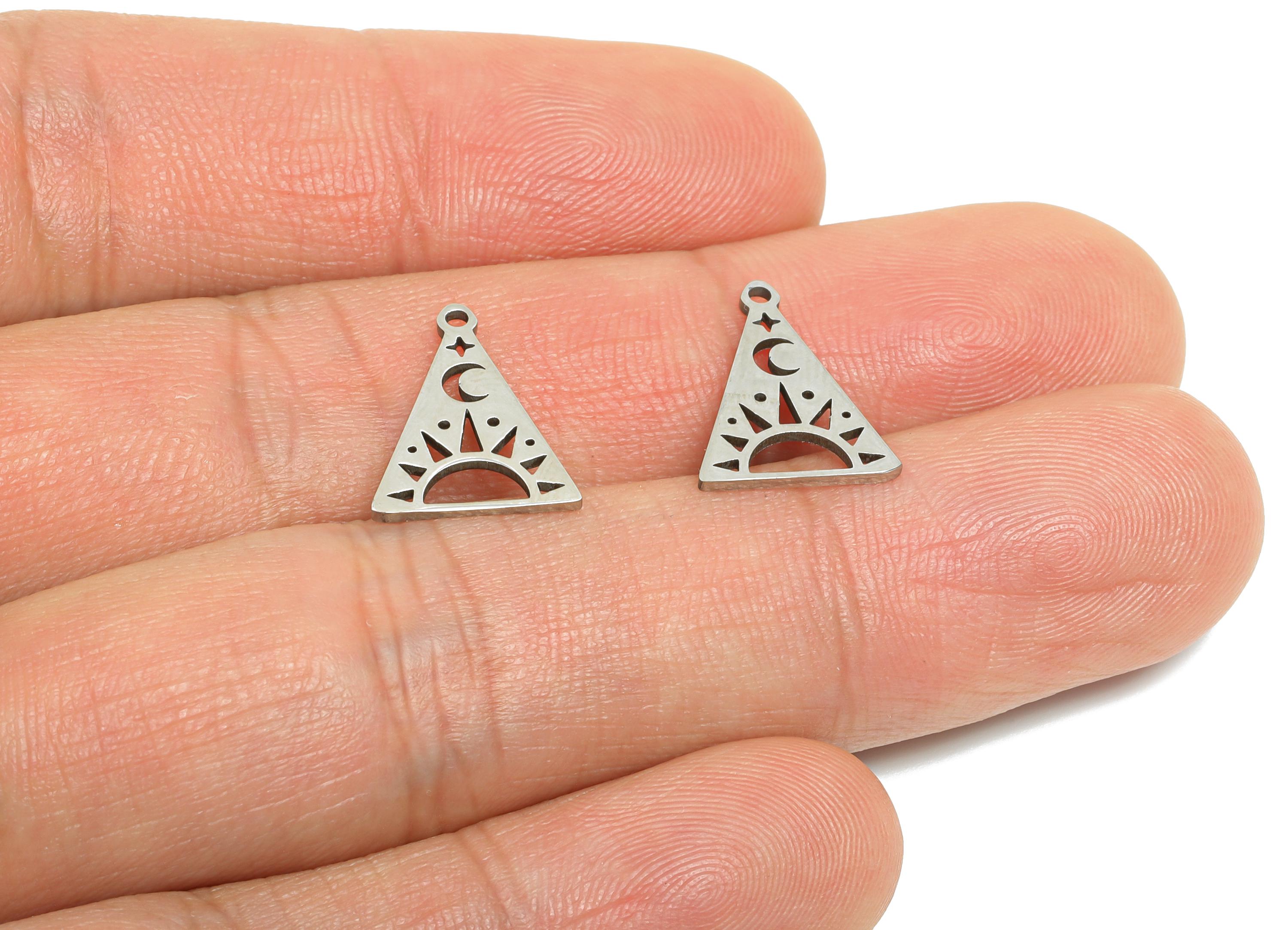 Steel Celestial Triangle Pendant - Sun and Moon Charm Jewelry - Crescent Star Pendant for DIY Crafts - Steel Charm - 14x11x0.98mm - SS2454 - DOMEDBAZAAR