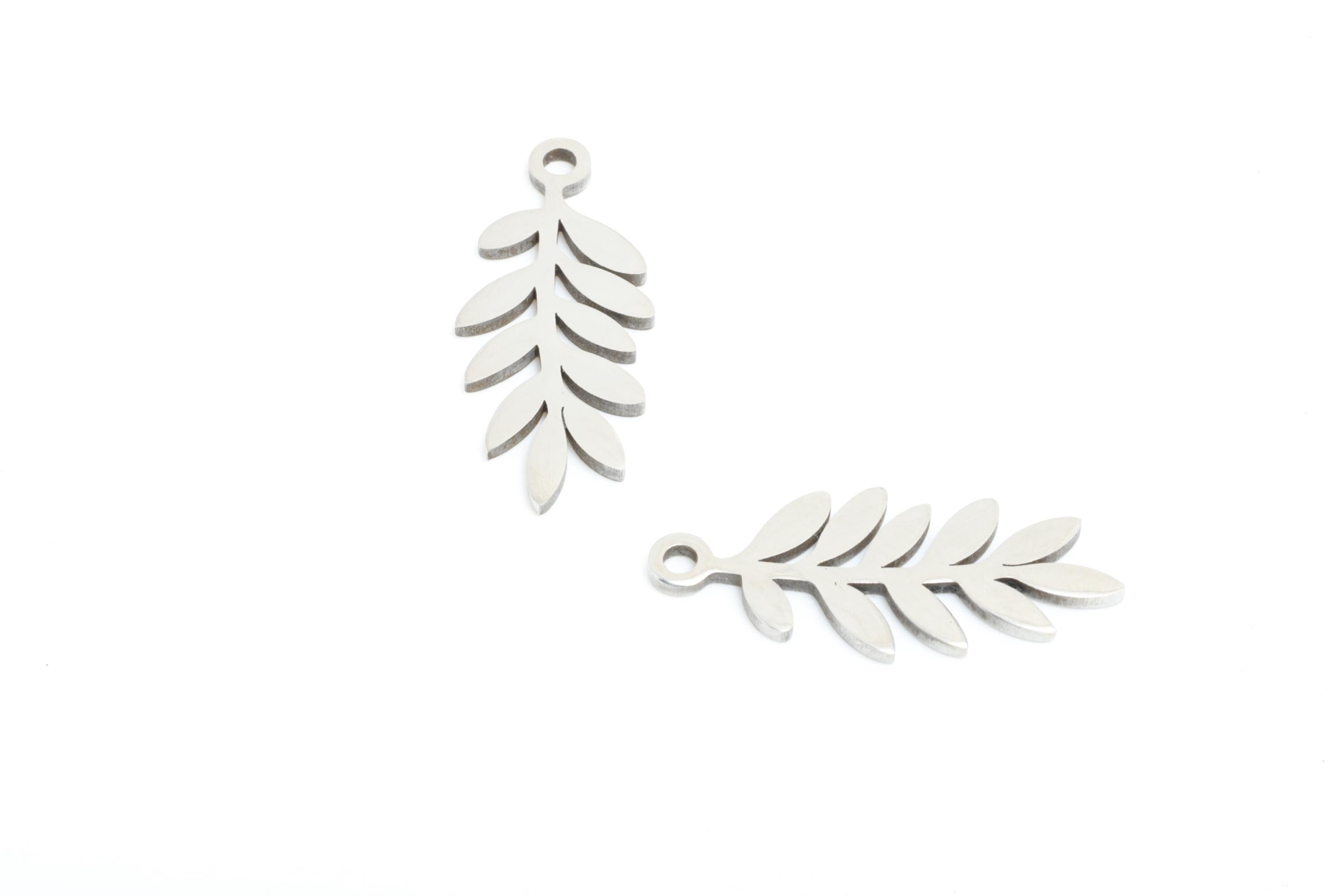 Steel Leaf Charms - Minimalist Nature Theme Jewelry - Laser Cut Steel Branch Botanical Charm - Simple Plant Jewelry - 18.8x8x0.98mm - SS2370 - DOMEDBAZAAR