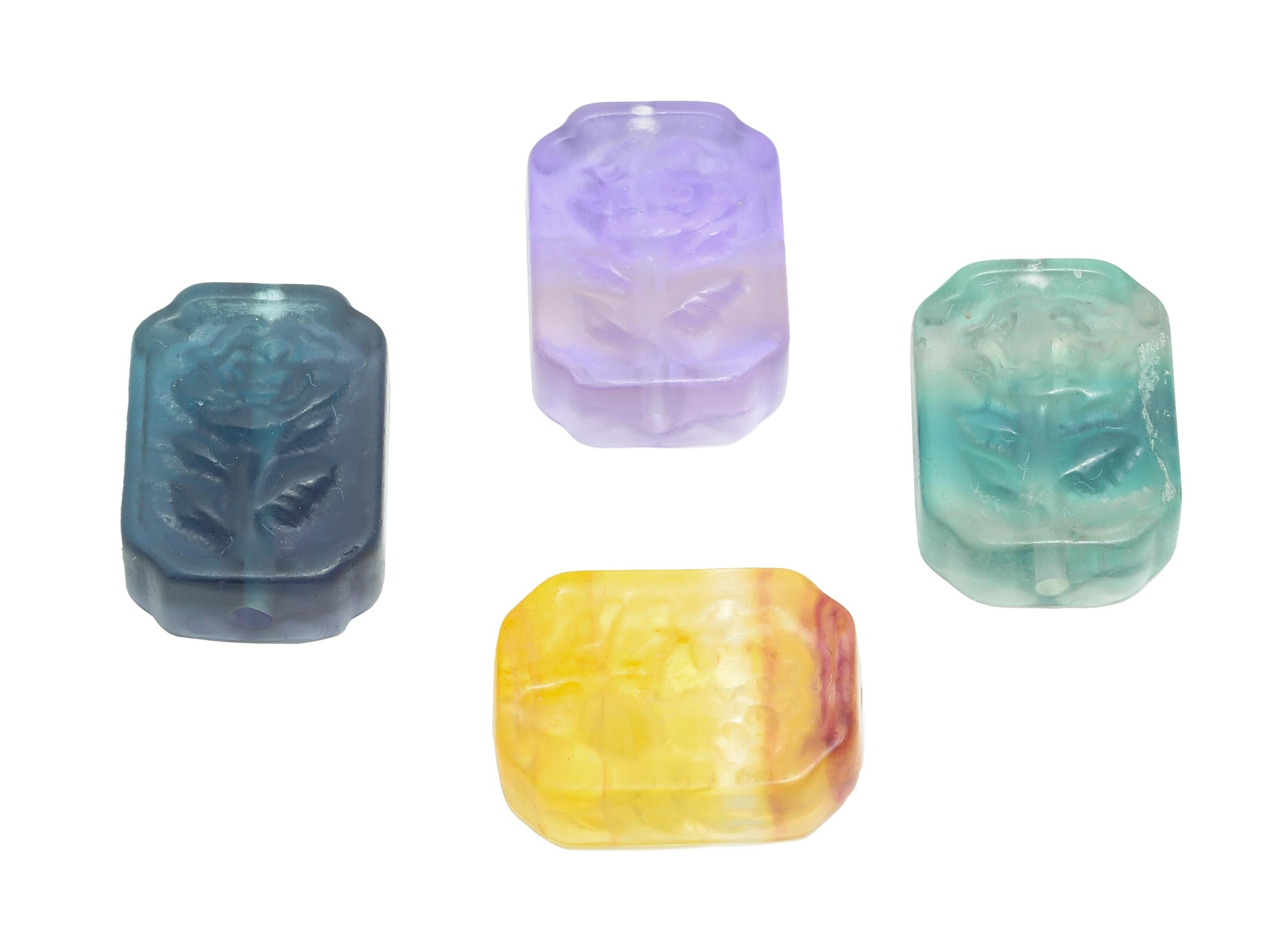Carved Fluorite Rose Bead - Rectangle Natural Fluorite Bead - Handmade Carved Flower Pattern Bead - Healing Jewelry - 17.6x12.9x6.5mm-NS3097 - DOMEDBAZAAR