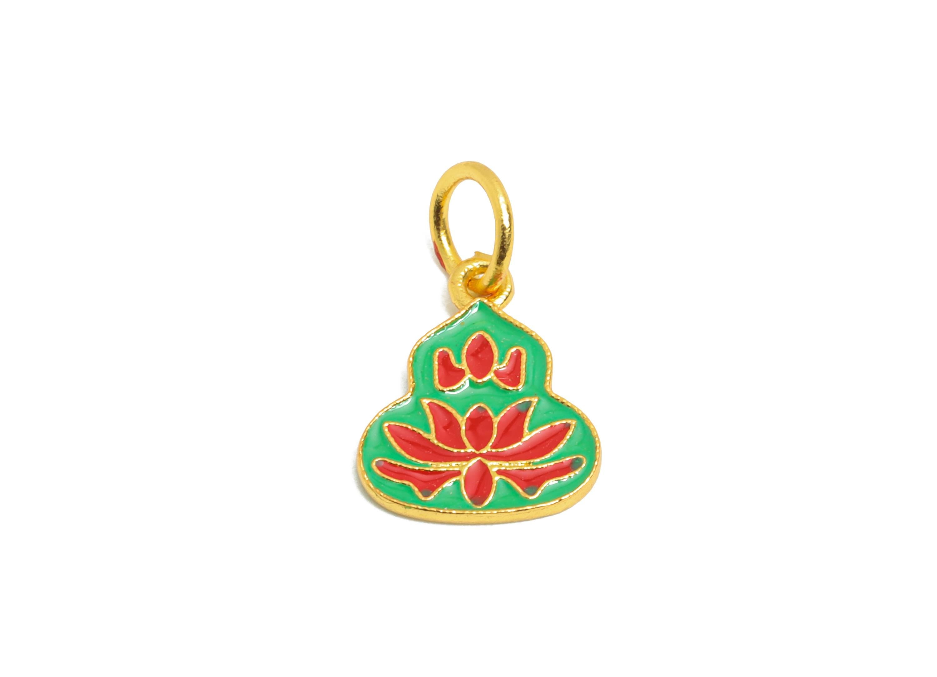 Brass Enamel Gourd Charm - Cloisonné Lotus Amulet Pendant - Green & Red Cloisonné Jewelry - 24K Real Gold Plated - 11x8.83x0.91mm - RGP10992