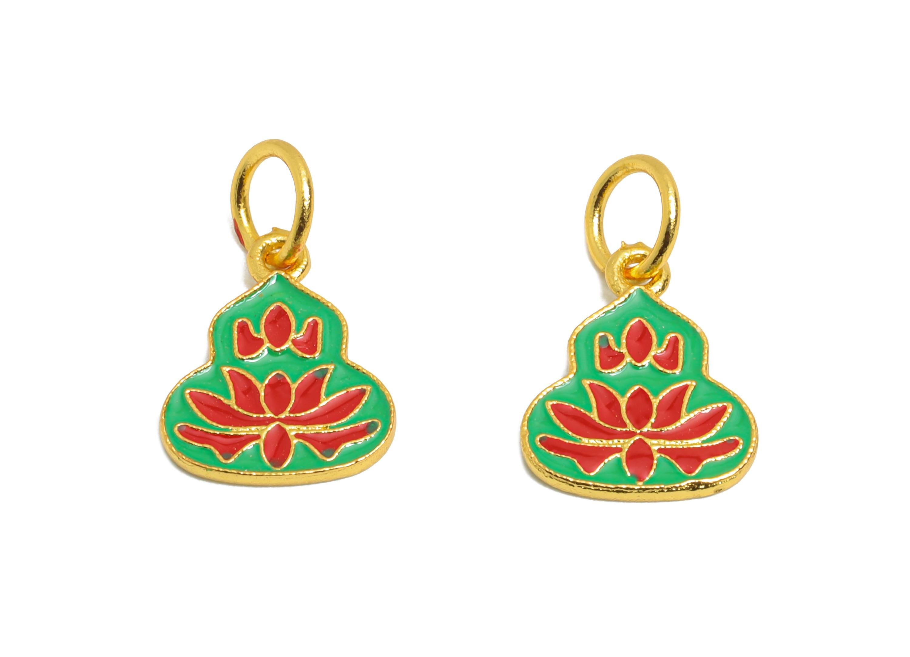 Brass Enamel Gourd Charm - Cloisonné Lotus Amulet Pendant - Green & Red Cloisonné Jewelry - 24K Real Gold Plated - 11x8.83x0.91mm - RGP10992