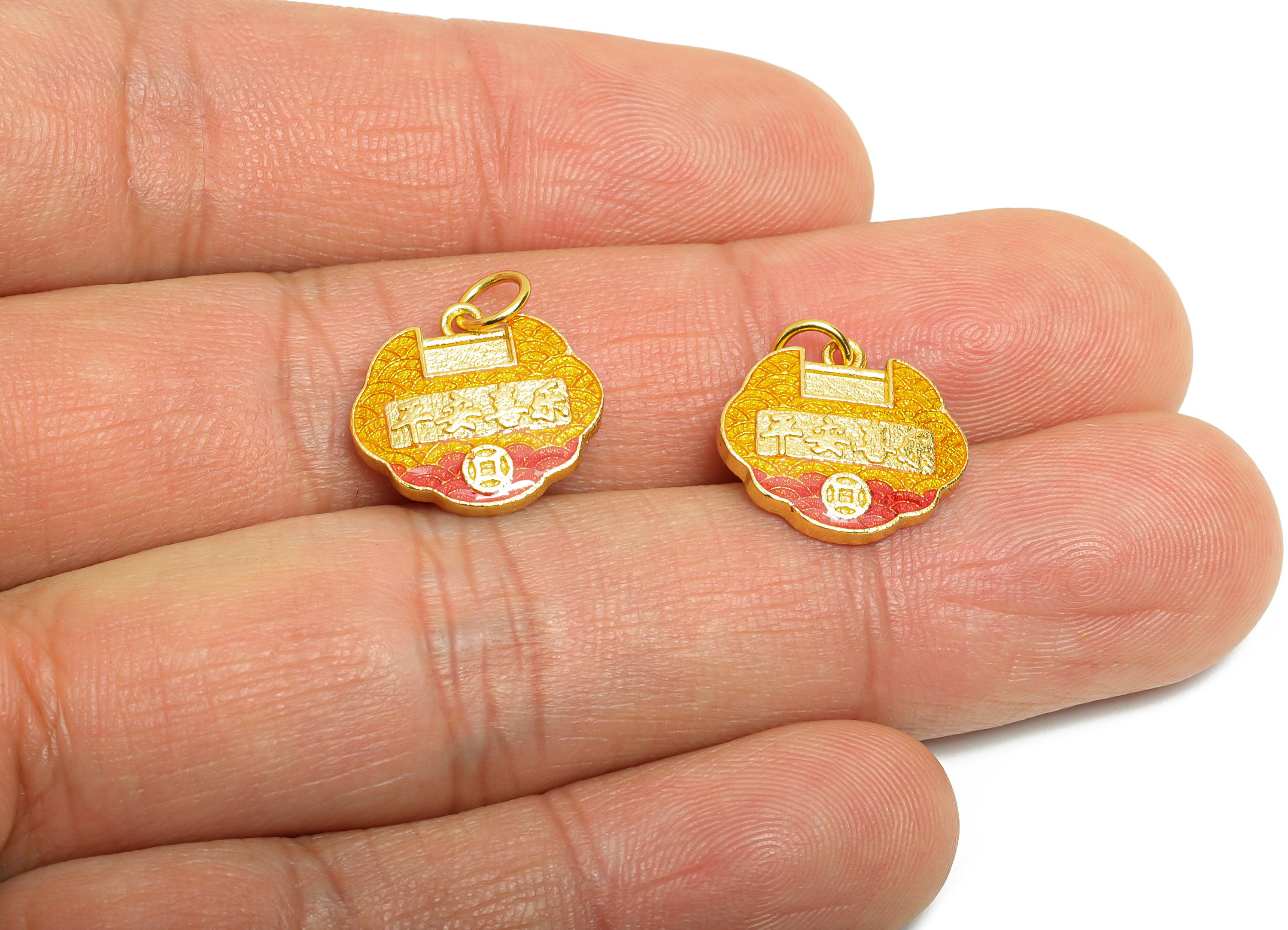 Brass Enamel Lock Charm - Chinese Good Luck Charm Pendant - Lucky Eastern Charm Jewelry - 24K Real Gold Plated - 13x14x3.54mm - RGP10989