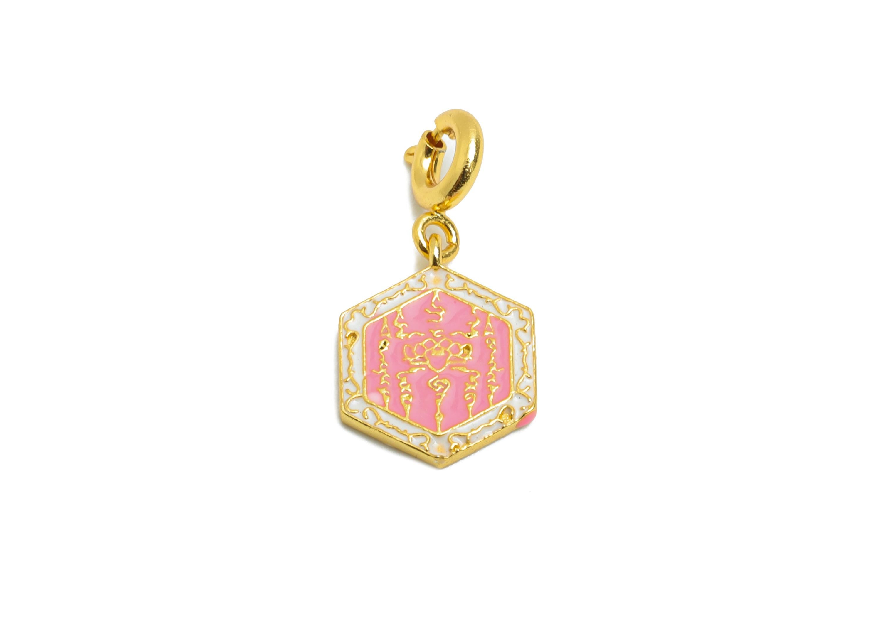 Brass Enamel Clasp - Pink Octagonal Energy Talisman Clasp - Handmade Eastern Charm For Bracelet - 24K Real Gold Plated - 12x10x1mm -RGP10982