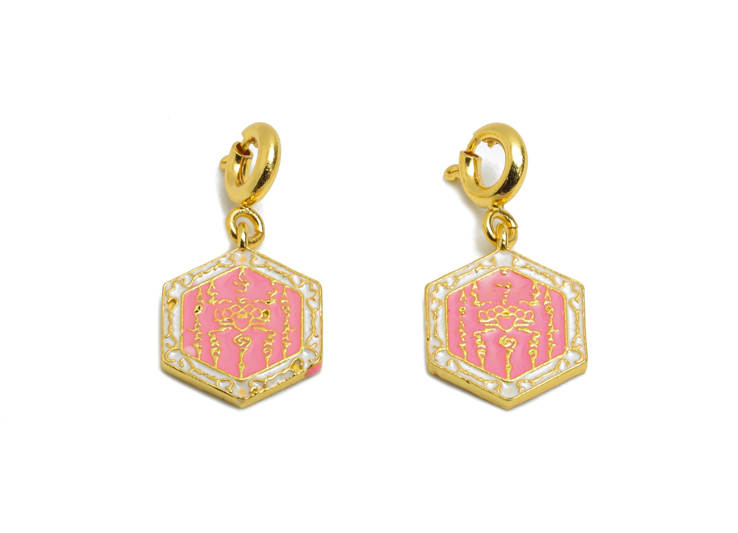 Brass Enamel Clasp - Pink Octagonal Energy Talisman Clasp - Handmade Eastern Charm For Bracelet - 24K Real Gold Plated - 12x10x1mm -RGP10982