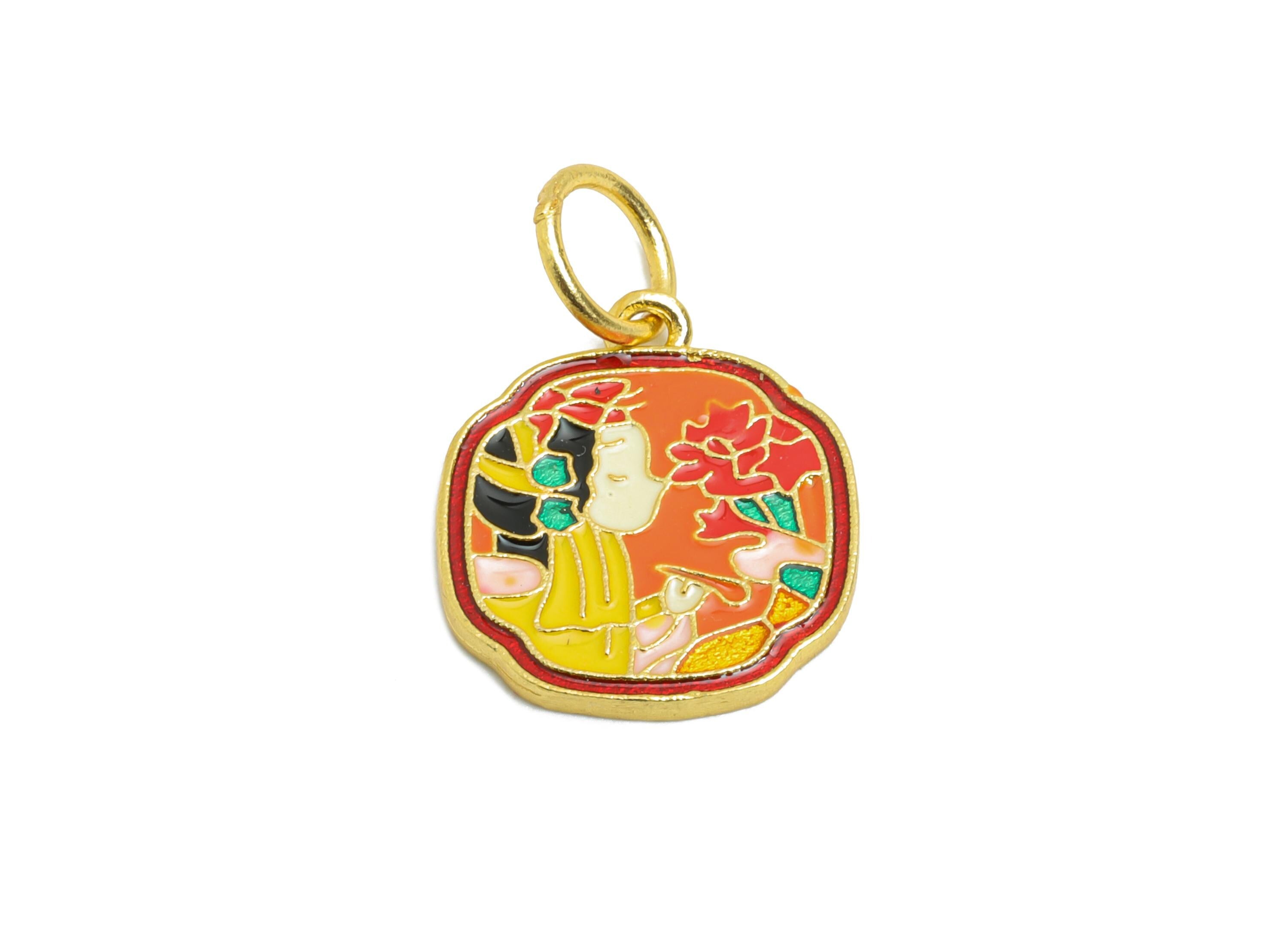 Brass Enamel Geometry Charm - Elegant Asian Lady Pendant - Jewelry for Bracelets & Necklaces - 24K Real Gold Plated - 15x13x1mm - RGP10998
