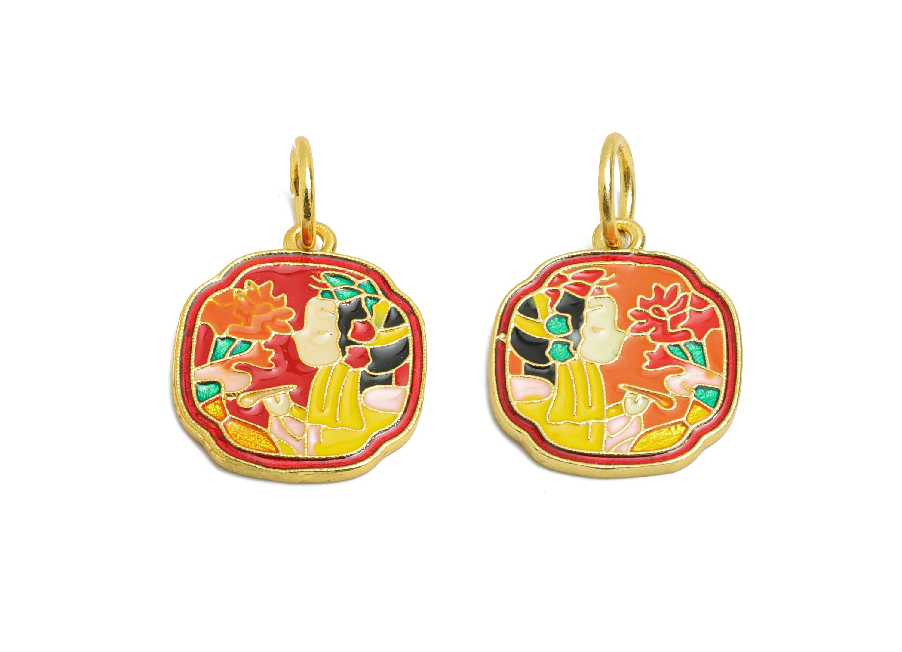 Brass Enamel Geometry Charm - Elegant Asian Lady Pendant - Jewelry for Bracelets & Necklaces - 24K Real Gold Plated - 15x13x1mm - RGP10998