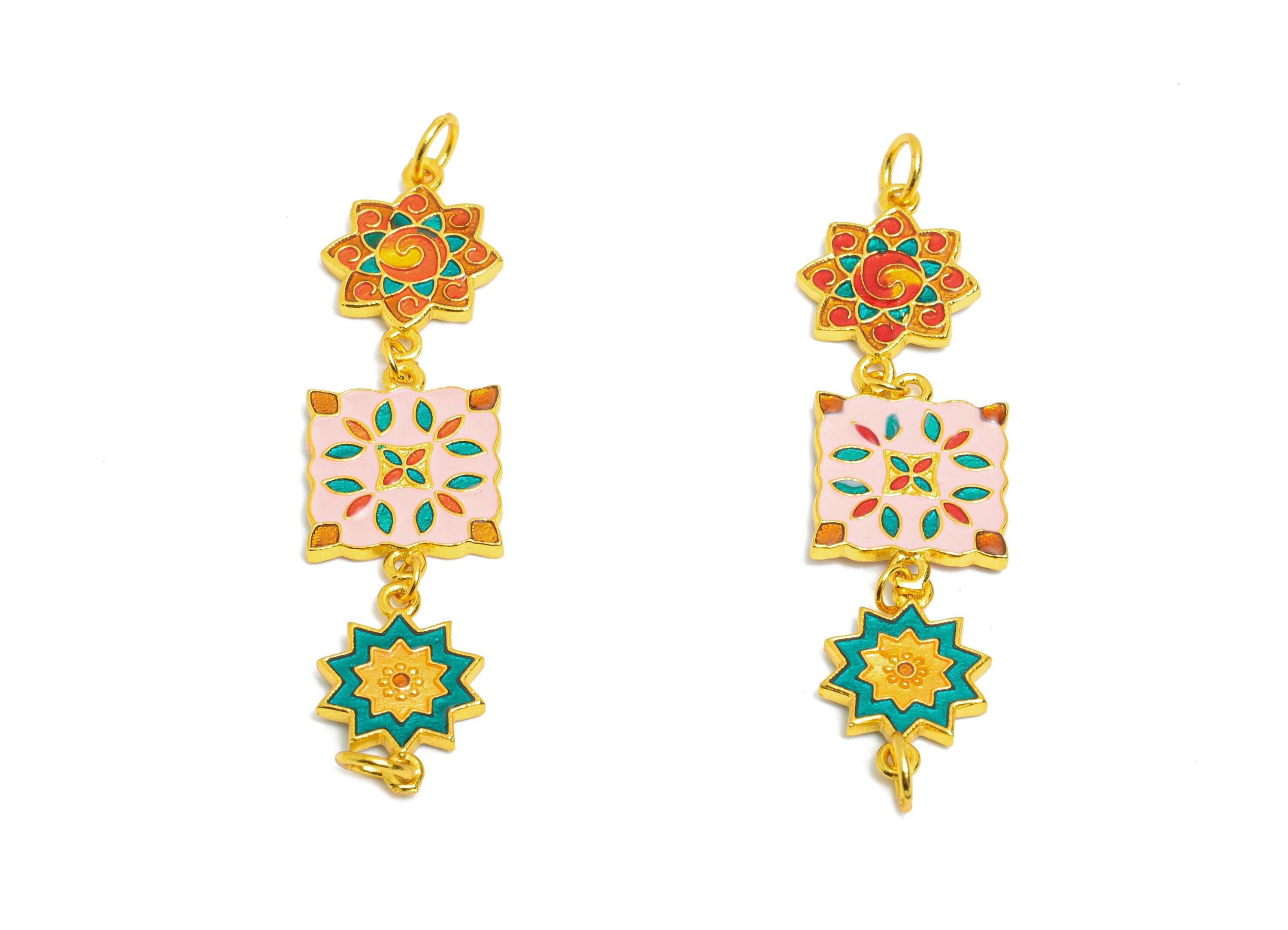 Brass Enamel Geometric Mandala Charm for Bracelets - Artistic Enamel Connector for DIY Jewelry - 24K Real Gold Plated - 43x13x1.1mm-RGP11007