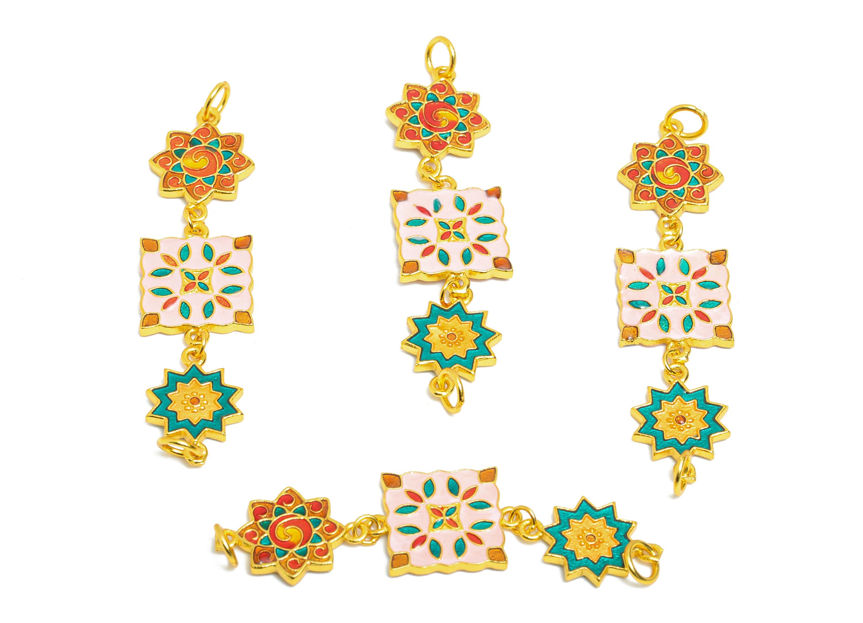 Brass Enamel Geometric Mandala Charm for Bracelets - Artistic Enamel Connector for DIY Jewelry - 24K Real Gold Plated - 43x13x1.1mm-RGP11007