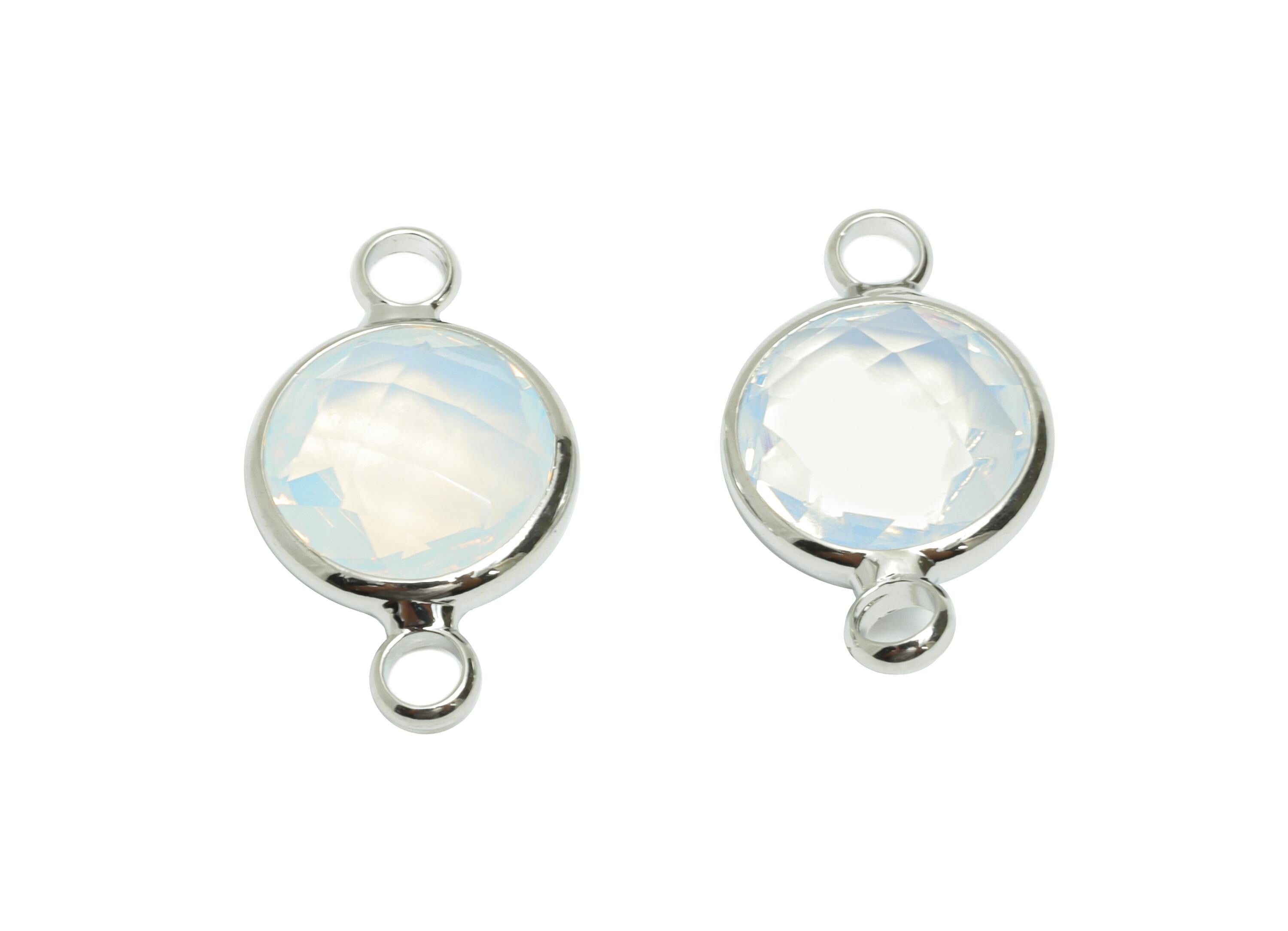 Round Glass Bracelet Connector - Brass Faceted Glass Charms - Modern Round Glass Connector - Silver Tone Plated - 16.75x10.7x4.4mm - GS1359