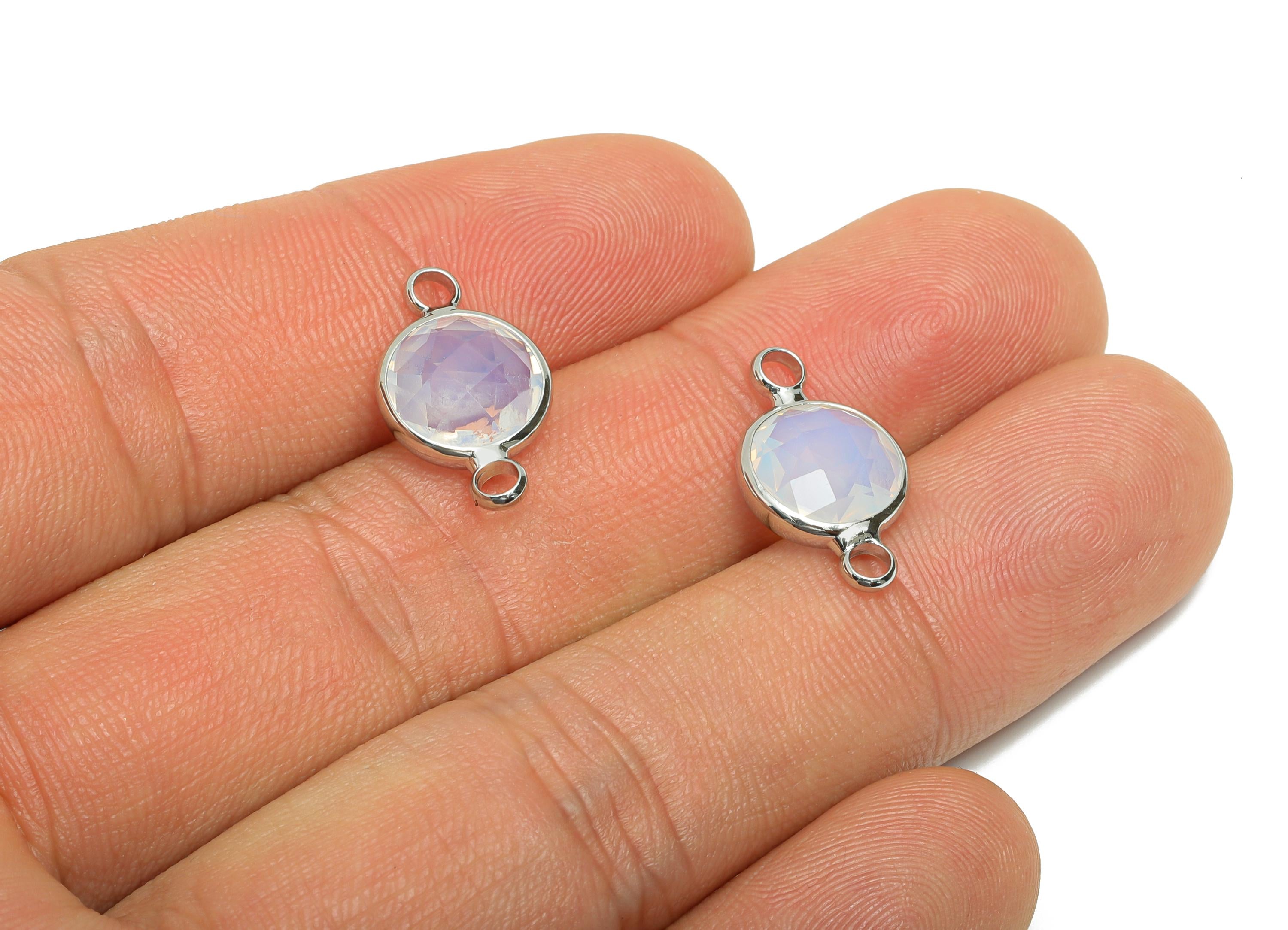 Round Glass Bracelet Connector - Brass Faceted Glass Charms - Modern Round Glass Connector - Silver Tone Plated - 16.75x10.7x4.4mm - GS1359