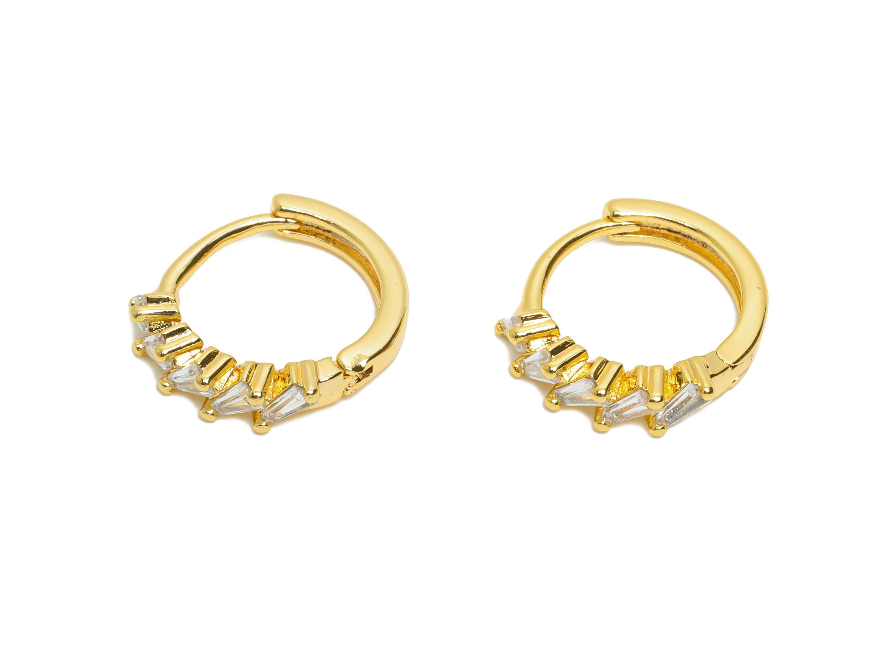 Brass CZ Huggie Hoop Earring - Brass Geometric Zircon Earring - Classic Huggie Hoop Clasp - 18K Real Gold Plated - 14.5x13x3.33mm - RGP10931 - DOMEDBAZAAR