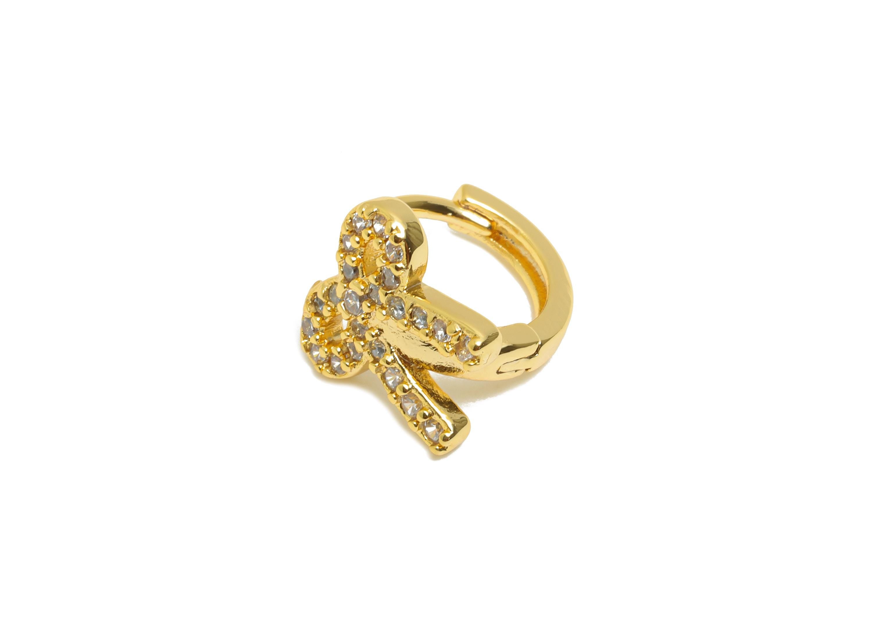 Brass CZ Bow Huggie Hoop Earring - Cute Brass Bow Zircon Earring - Dainty Huggie Hoop Clasp - 18K Real Gold Plated - 10.2x9x8.7mm - RGP10942 - DOMEDBAZAAR