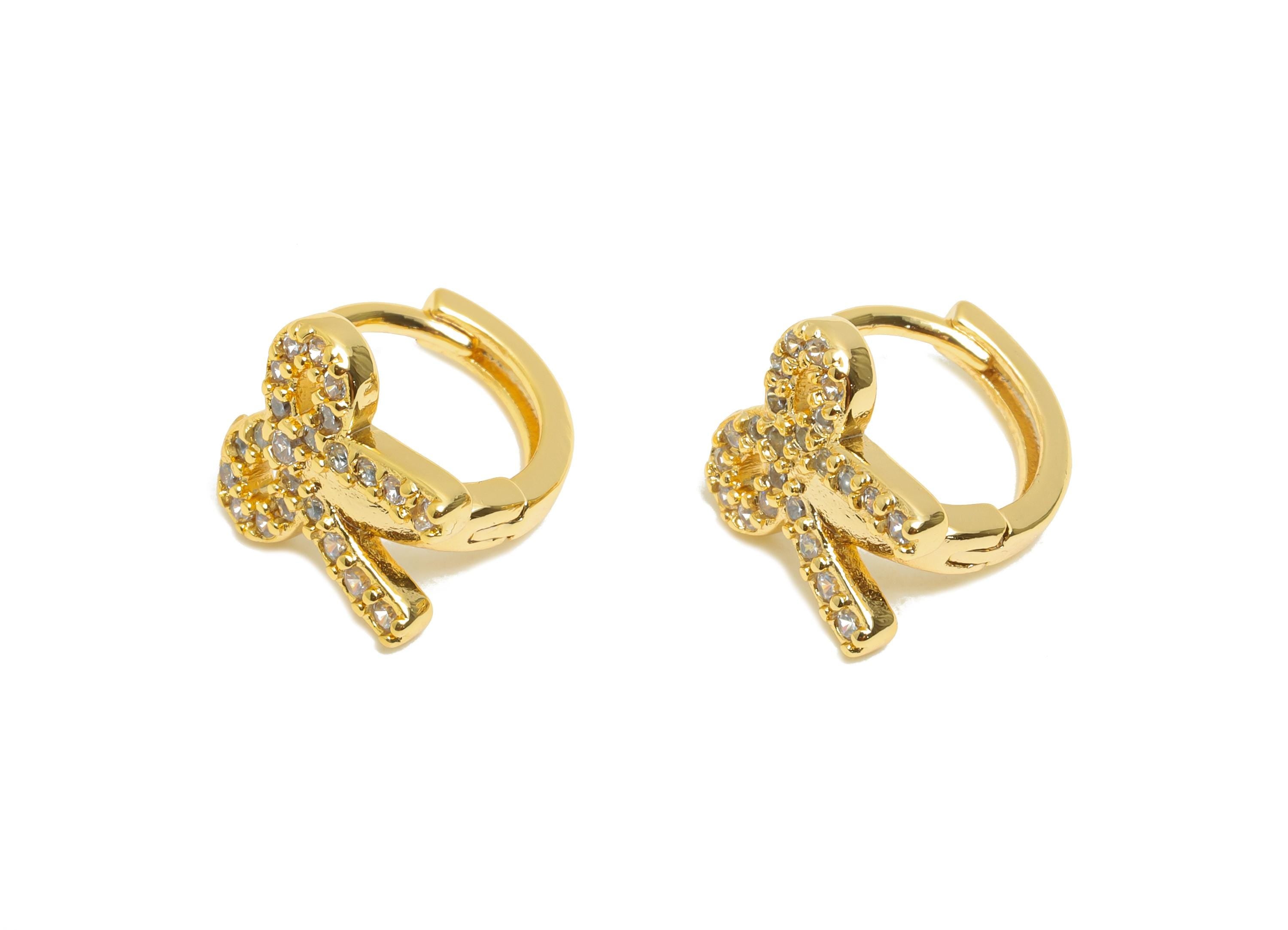 Brass CZ Bow Huggie Hoop Earring - Cute Brass Bow Zircon Earring - Dainty Huggie Hoop Clasp - 18K Real Gold Plated - 10.2x9x8.7mm - RGP10942 - DOMEDBAZAAR
