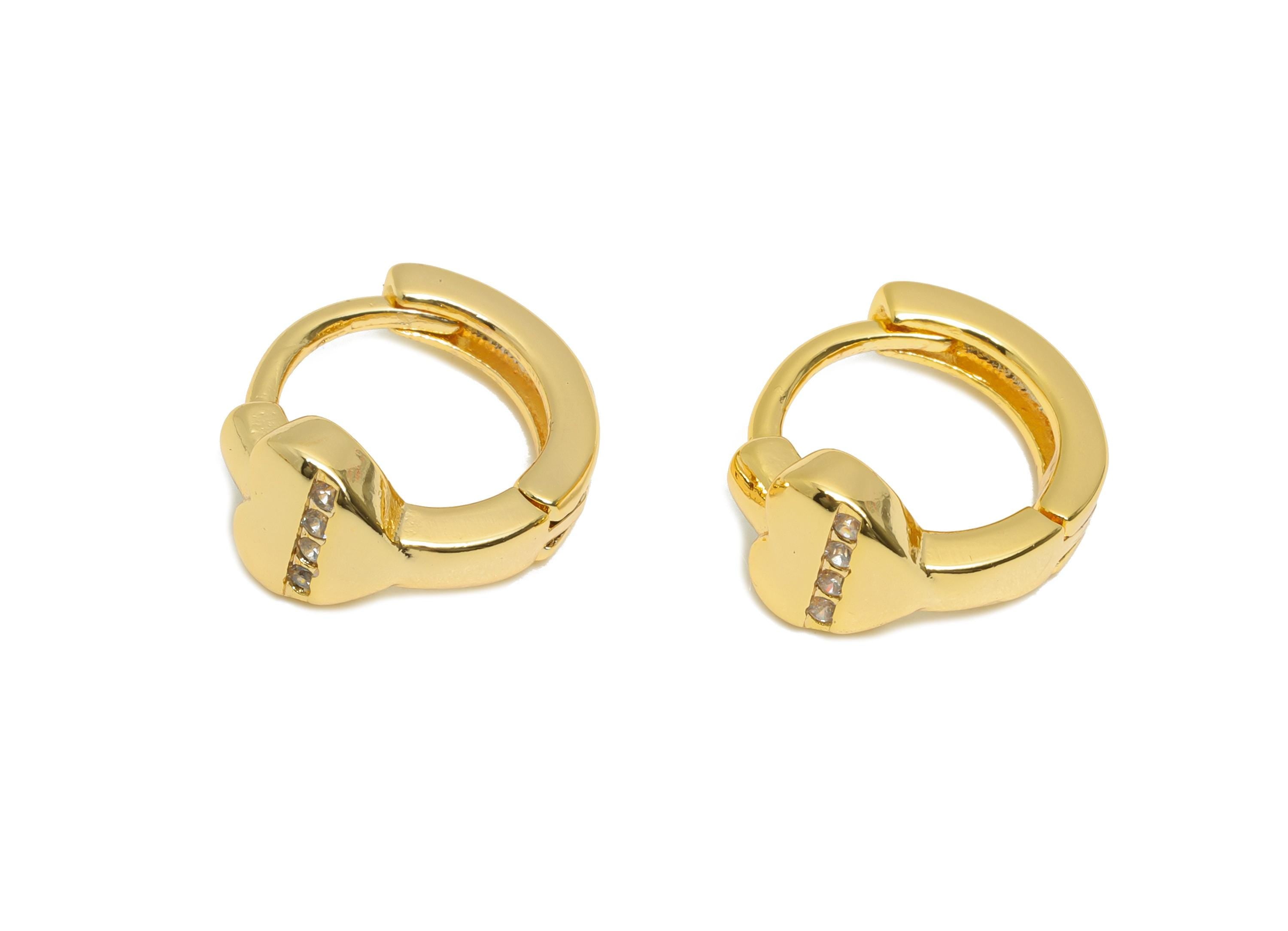 Brass CZ Huggie Hoop Earring - Everyday Heart Zircon Earring - Minimalist Huggie Hoop Clasp - 18K Real Gold Plated - 12x10x5.88mm - RGP10922 - DOMEDBAZAAR