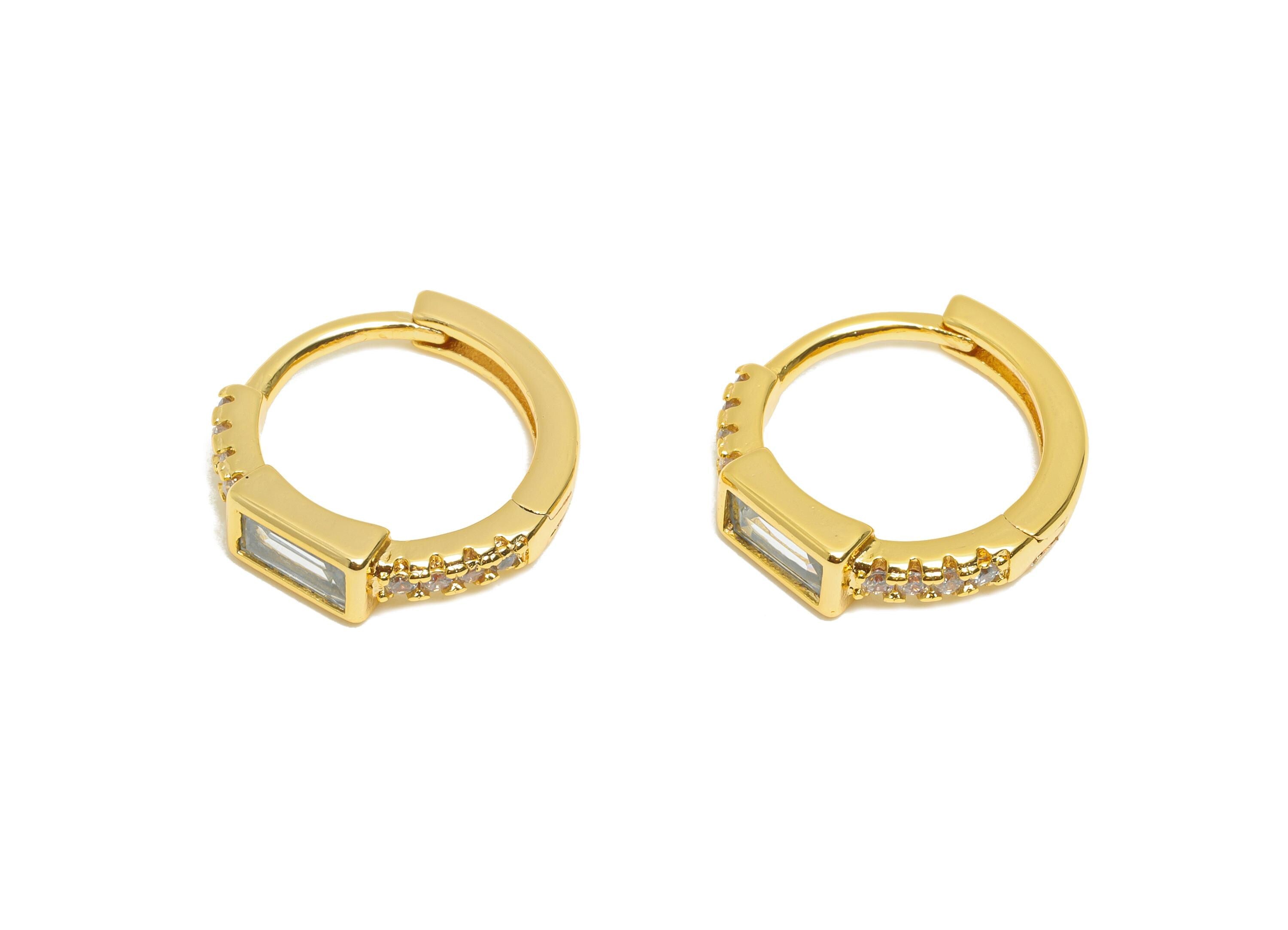 Brass CZ Huggie Hoop Earring - Brass Rectangle Zircon Earring - Modern Huggie Hoop Clasp - 18K Real Gold Plated - 13.7x13.4x3.6mm - RGP10927 - DOMEDBAZAAR
