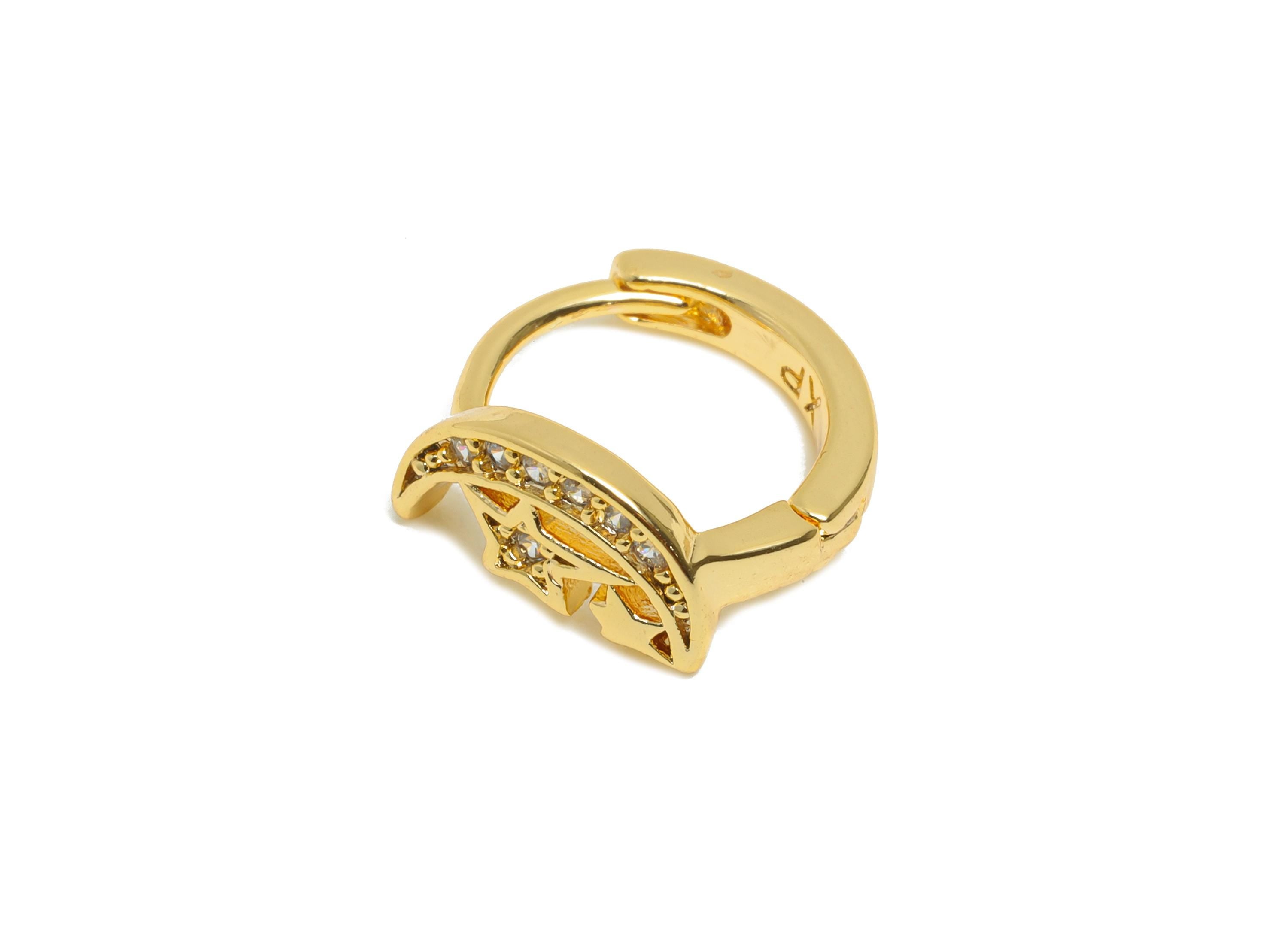 Brass CZ Huggie Hoop Earring - Brass Celestial Moon Star Earring - Zircon Huggie Hoop Clasp - 18K Real Gold Plated - 10.37x10x5mm - RGP10939 - DOMEDBAZAAR