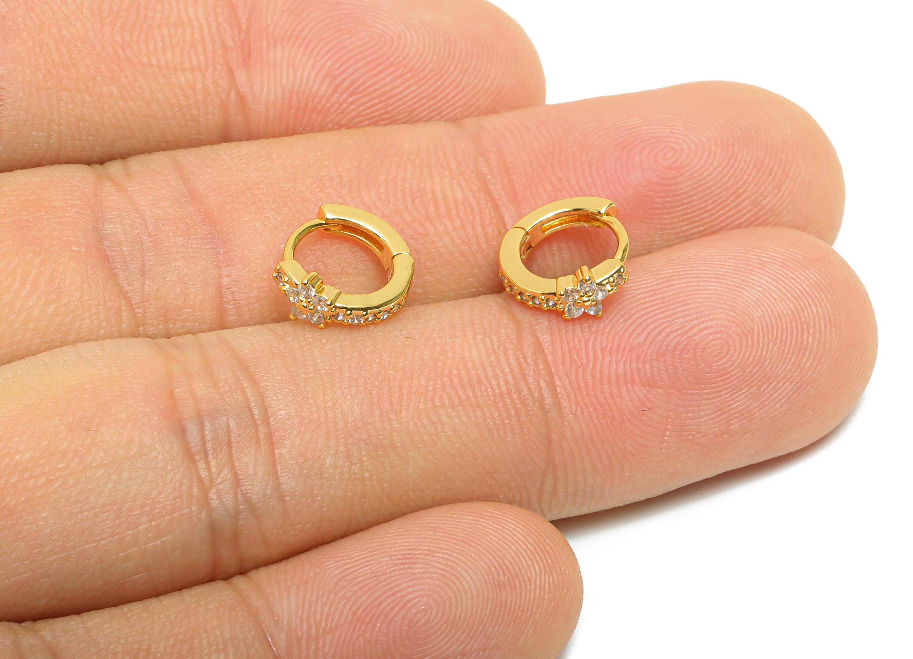 Brass CZ Floral Huggie Hoop Earring - Mini Brass Flower Zircon Earring - Everyday Wear - 18K Real Gold Plated - 10.48x9.43x4mm - RGP10852 - DOMEDBAZAAR