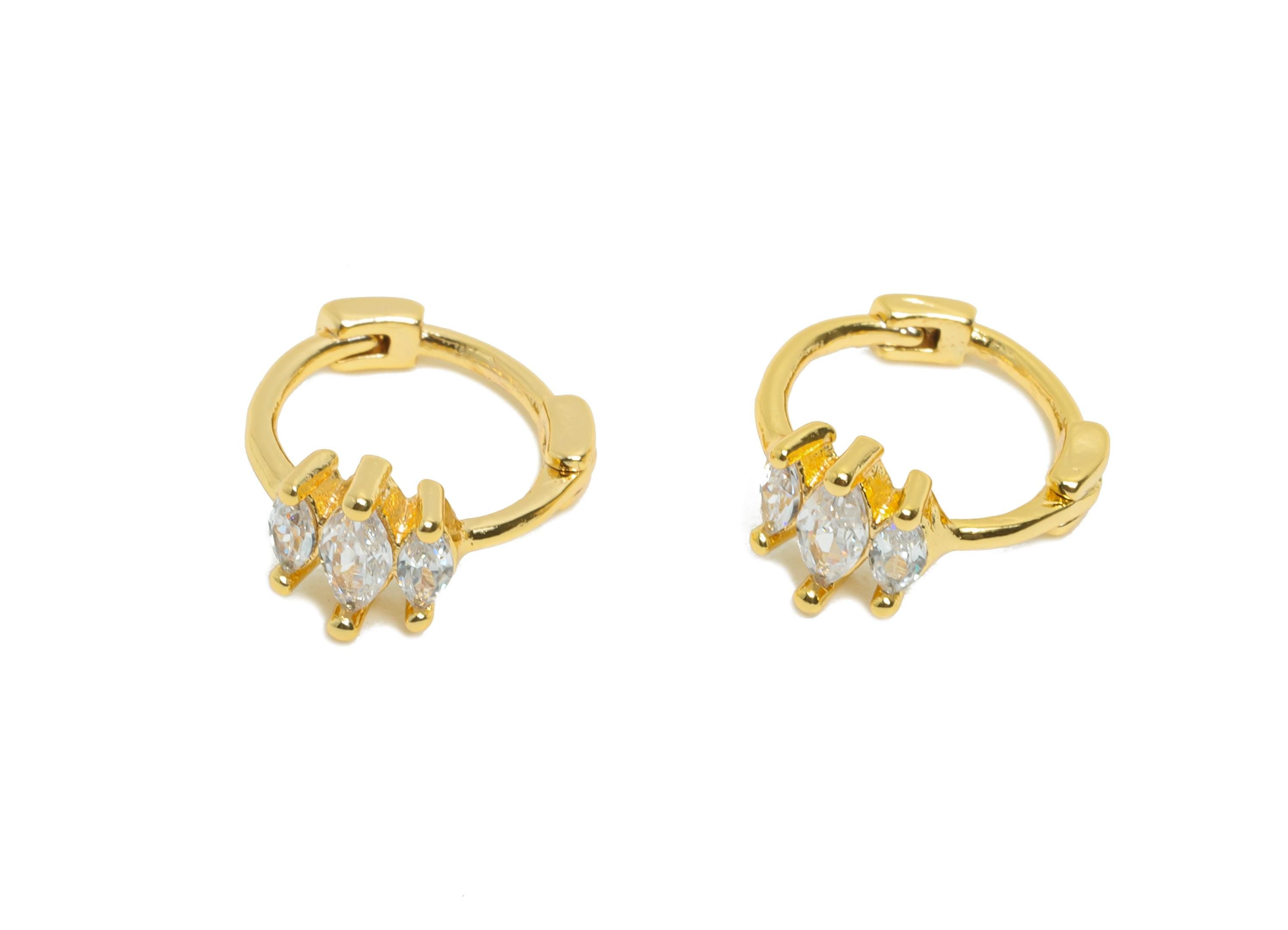 Brass CZ Huggie Hoop Earring - Mini Brass Marquise Zircon Earring - Simple Huggie Hoop Clasp - 18K Real Gold Plated - 10.4x9x5mm - RGP10937 - DOMEDBAZAAR