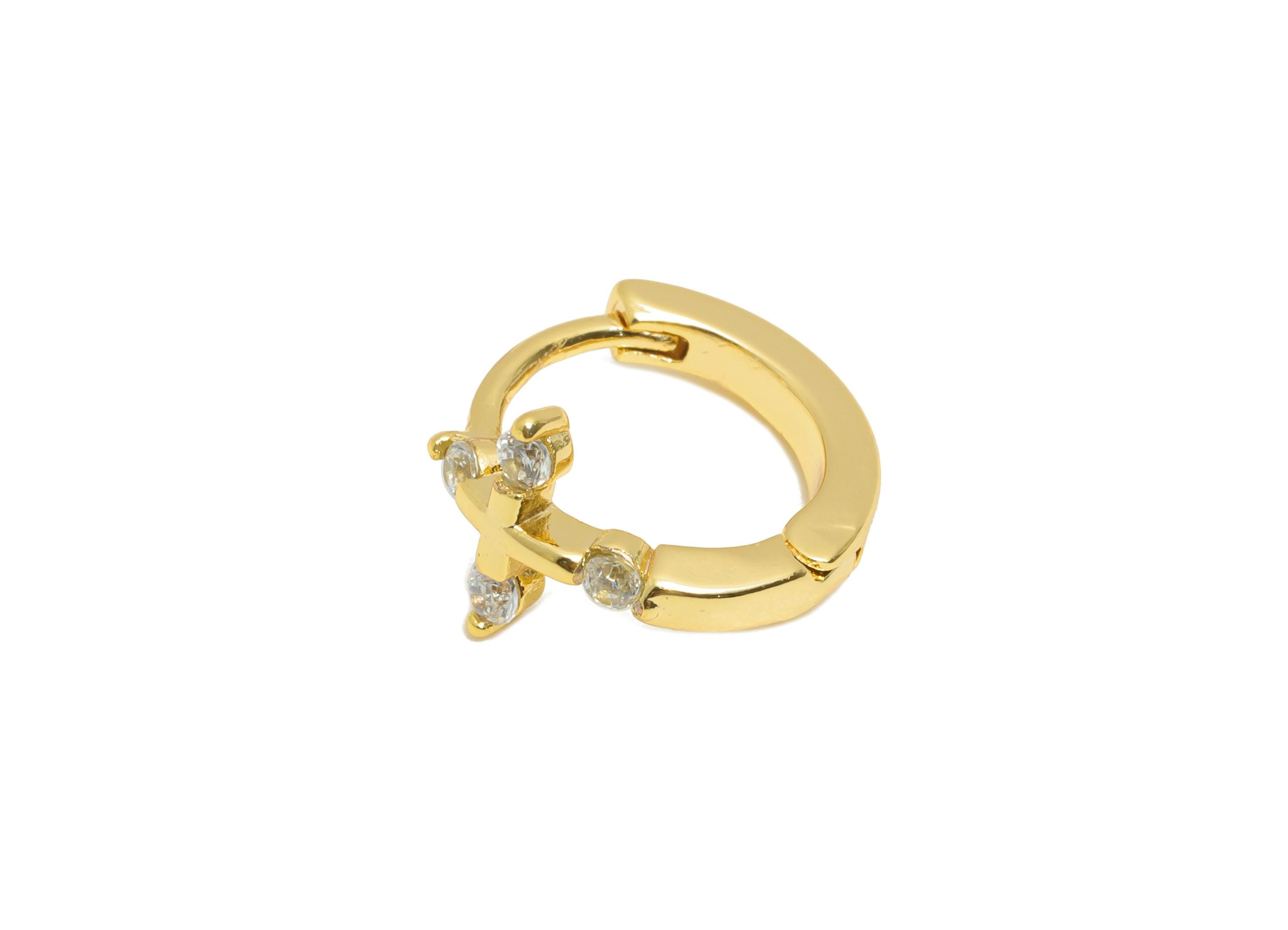 Brass CZ Cross Huggie Hoop Earring - Brass Zircon Earrings - Statement Huggie Hoop Clasp - 18K Real Gold Plated - 11.7x10.75x7mm - RGP10912 - DOMEDBAZAAR